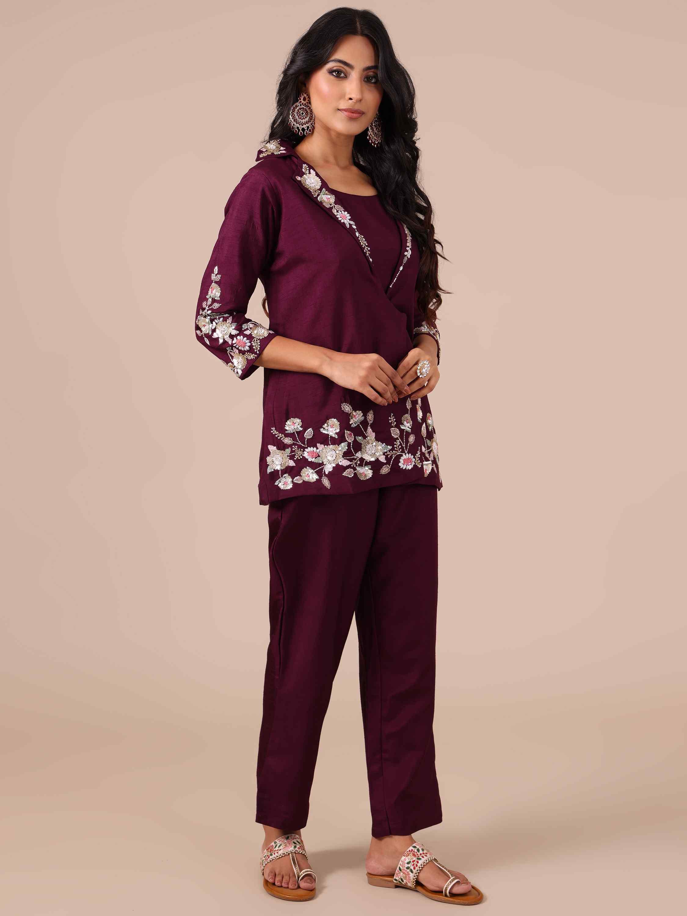 Wine Color Silk Co-ord Set with Cutdana, Sequins & Beads Work - House of Surya