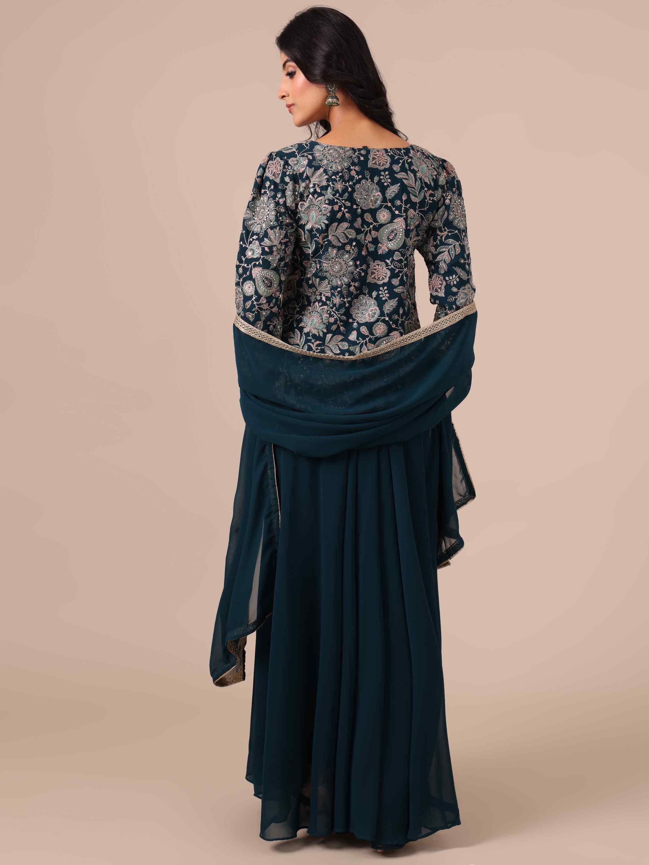 Peacock Blue Georgette Sharara with Matching Dupatta - House of Surya