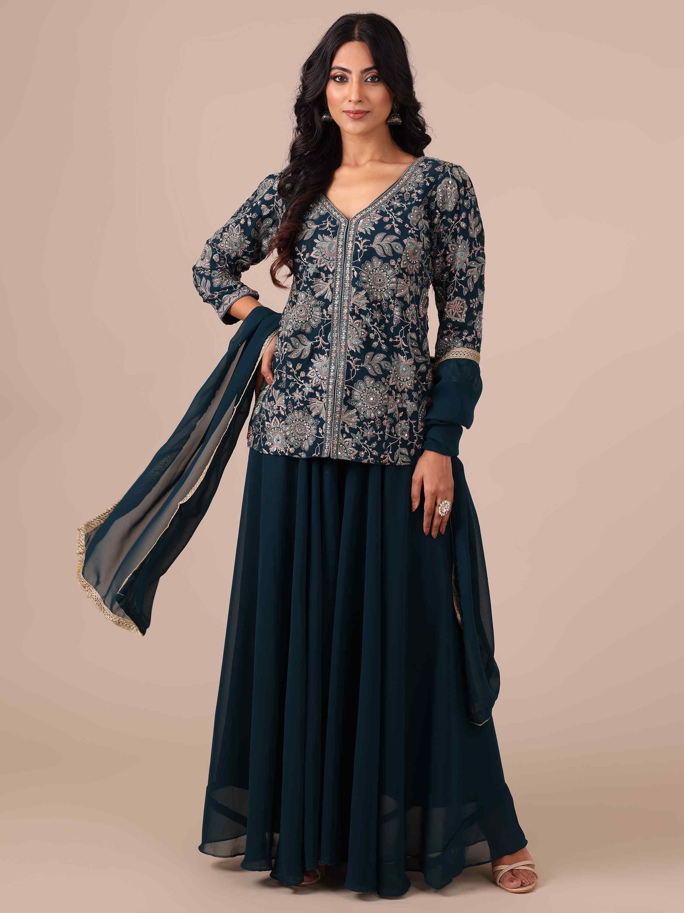 Peacock Blue Georgette Sharara with Matching Dupatta - House of Surya