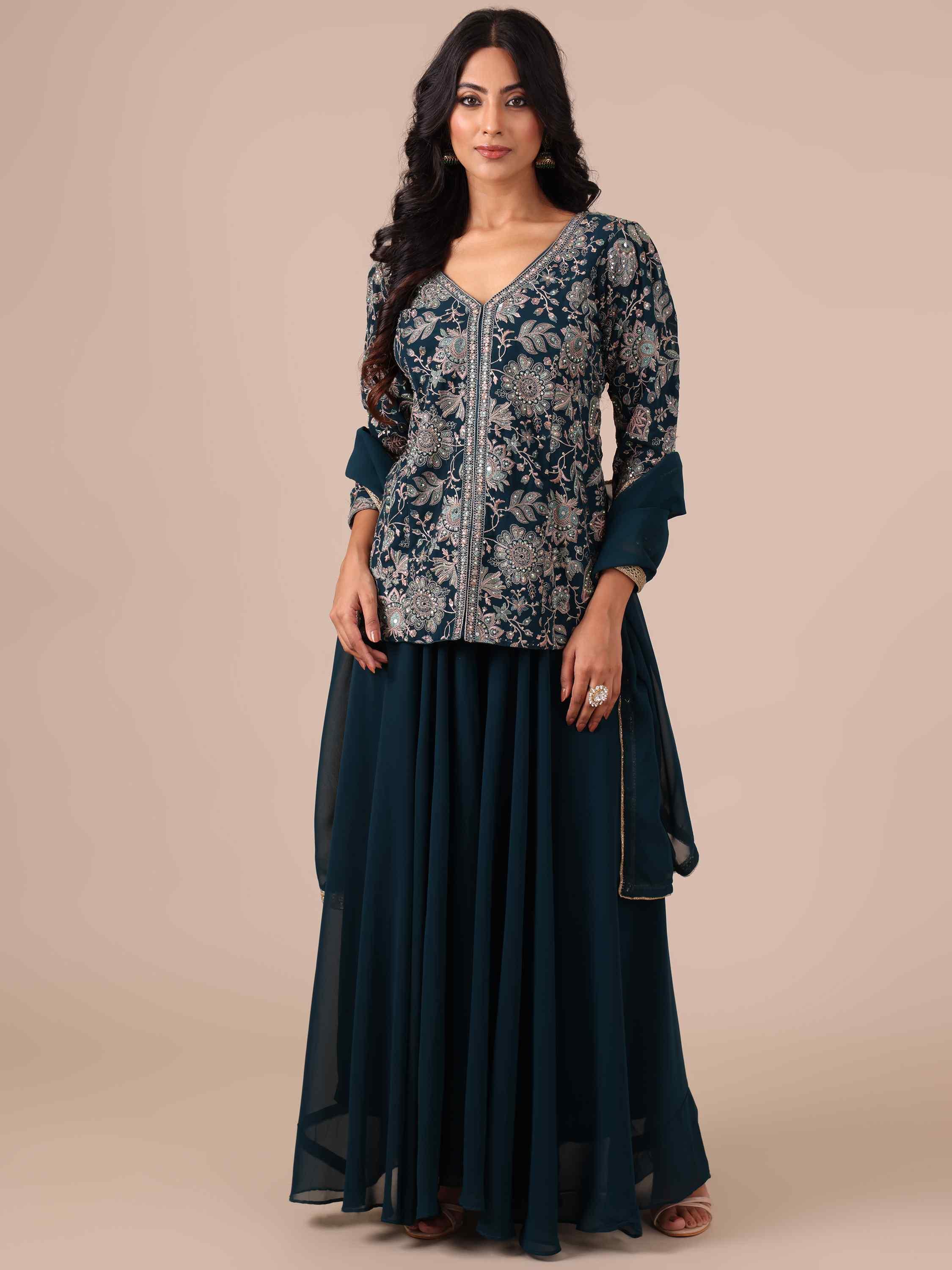Peacock Blue Georgette Sharara with Matching Dupatta - House of Surya