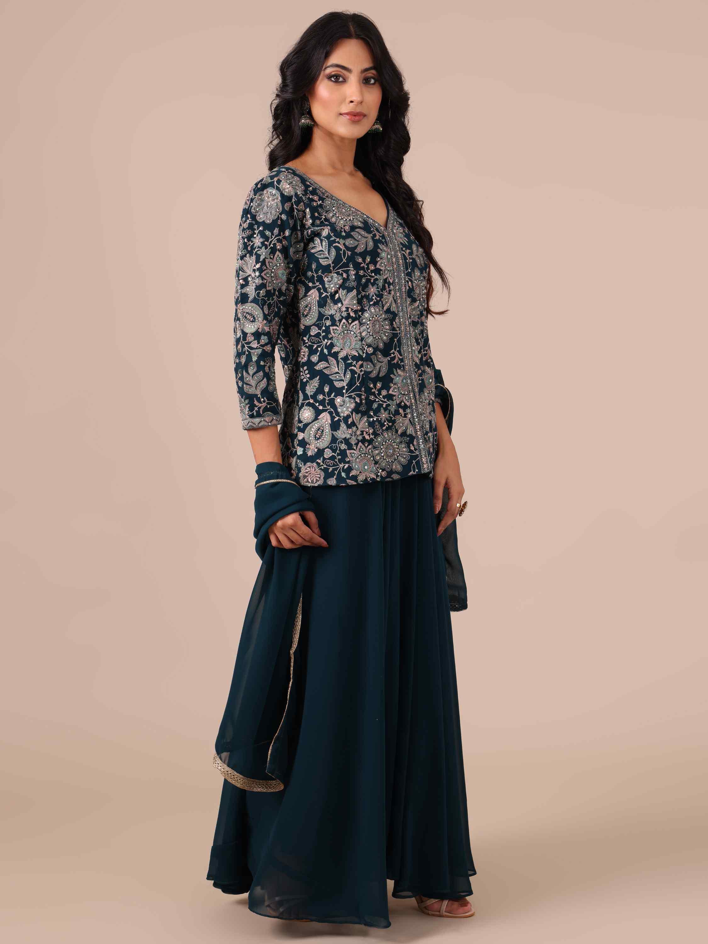 Peacock Blue Georgette Sharara with Matching Dupatta - House of Surya
