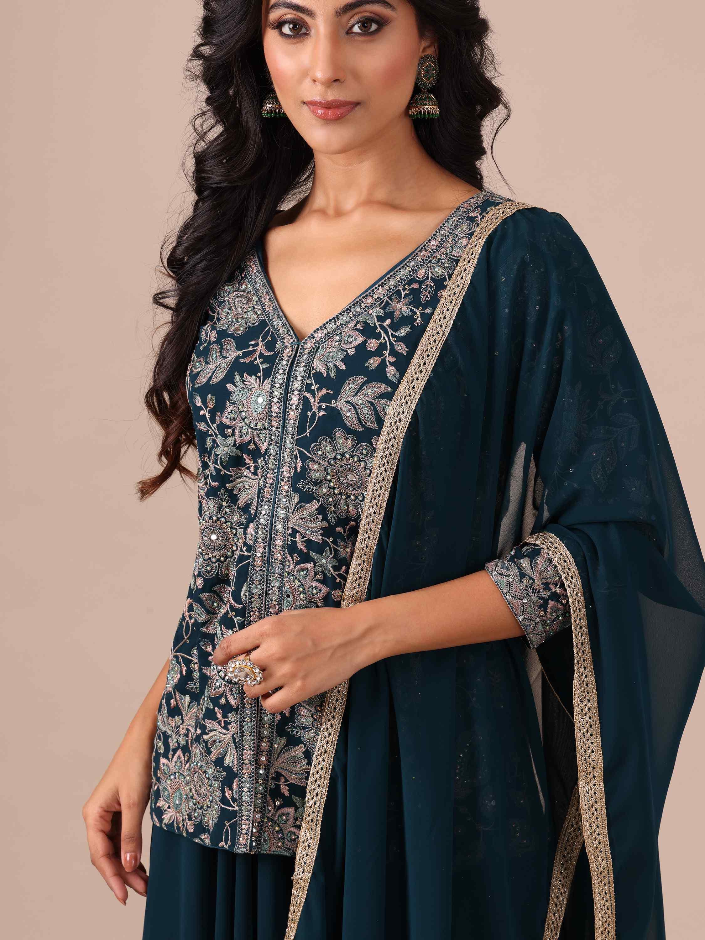 Peacock Blue Georgette Sharara with Matching Dupatta - House of Surya