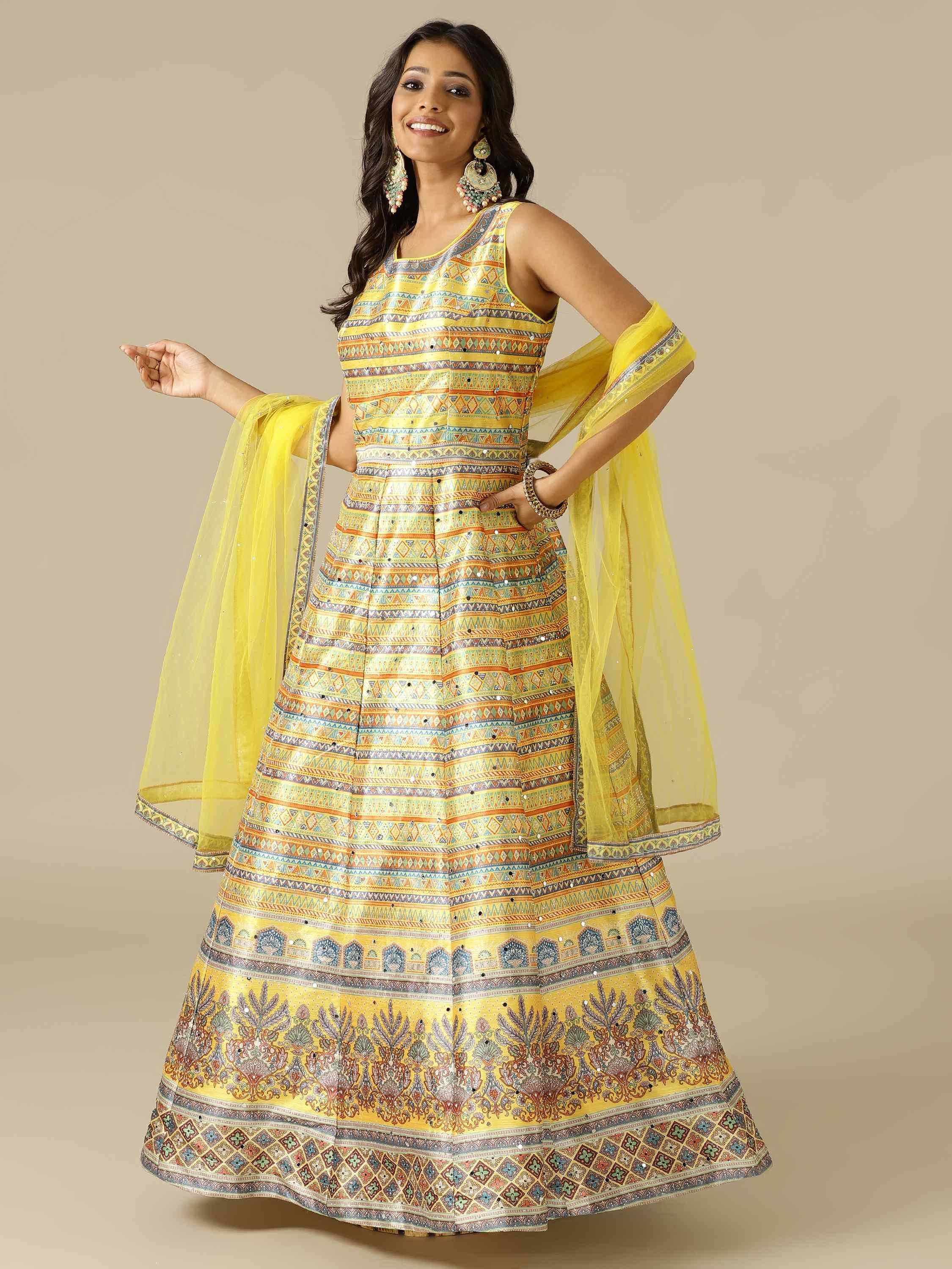 Yellow Printed Silk Gown with Net Dupatta - House of Surya