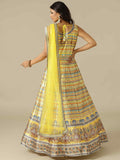 Yellow Printed Silk Gown with Net Dupatta - House of Surya