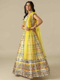 Yellow Printed Silk Gown with Net Dupatta - House of Surya