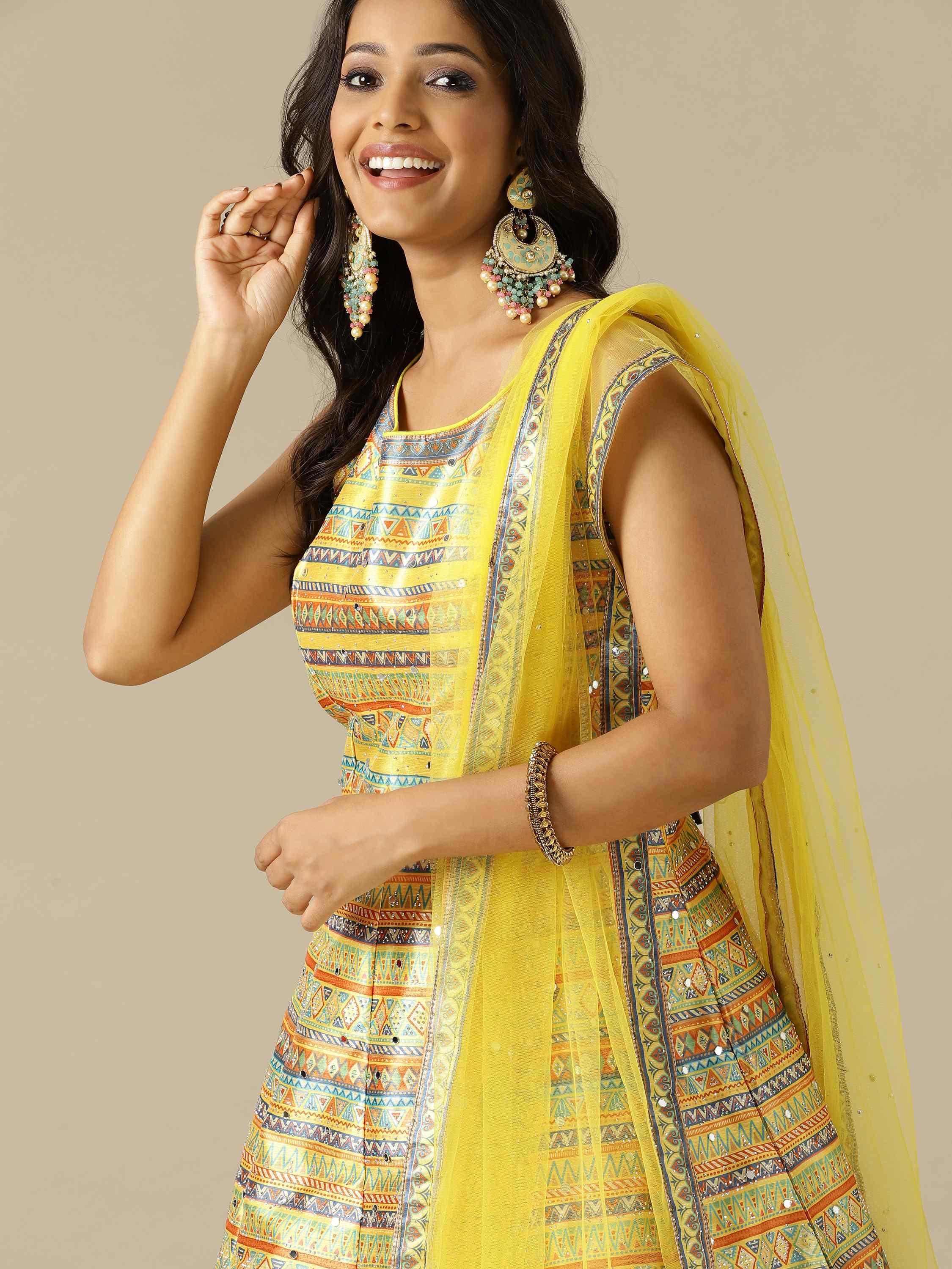 Yellow Printed Silk Gown with Net Dupatta - House of Surya
