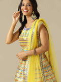 Yellow Printed Silk Gown with Net Dupatta - House of Surya