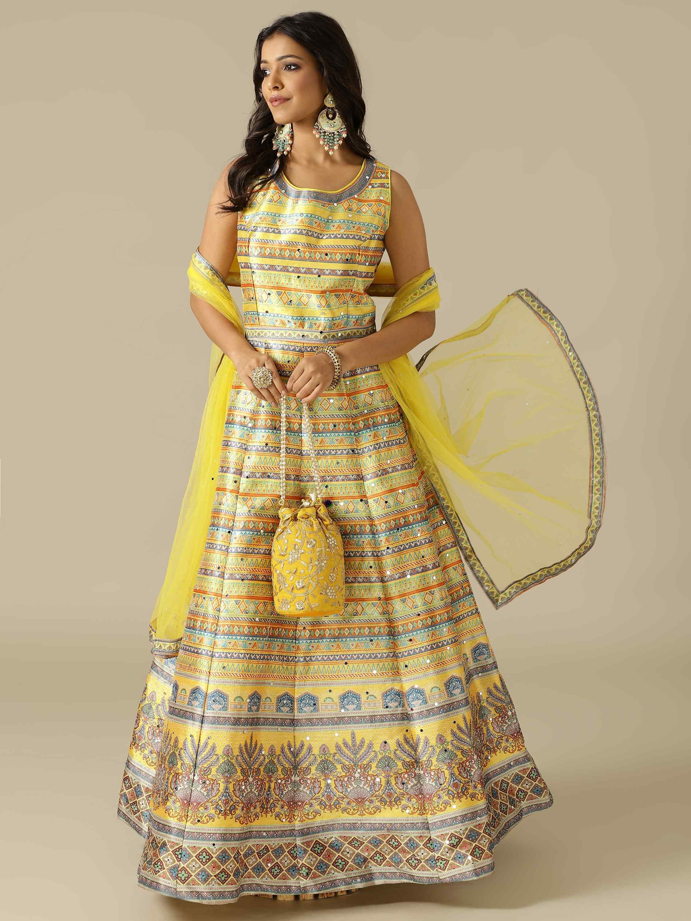 Yellow Printed Silk Gown with Net Dupatta - House of Surya