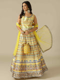 Yellow Printed Silk Gown with Net Dupatta - House of Surya