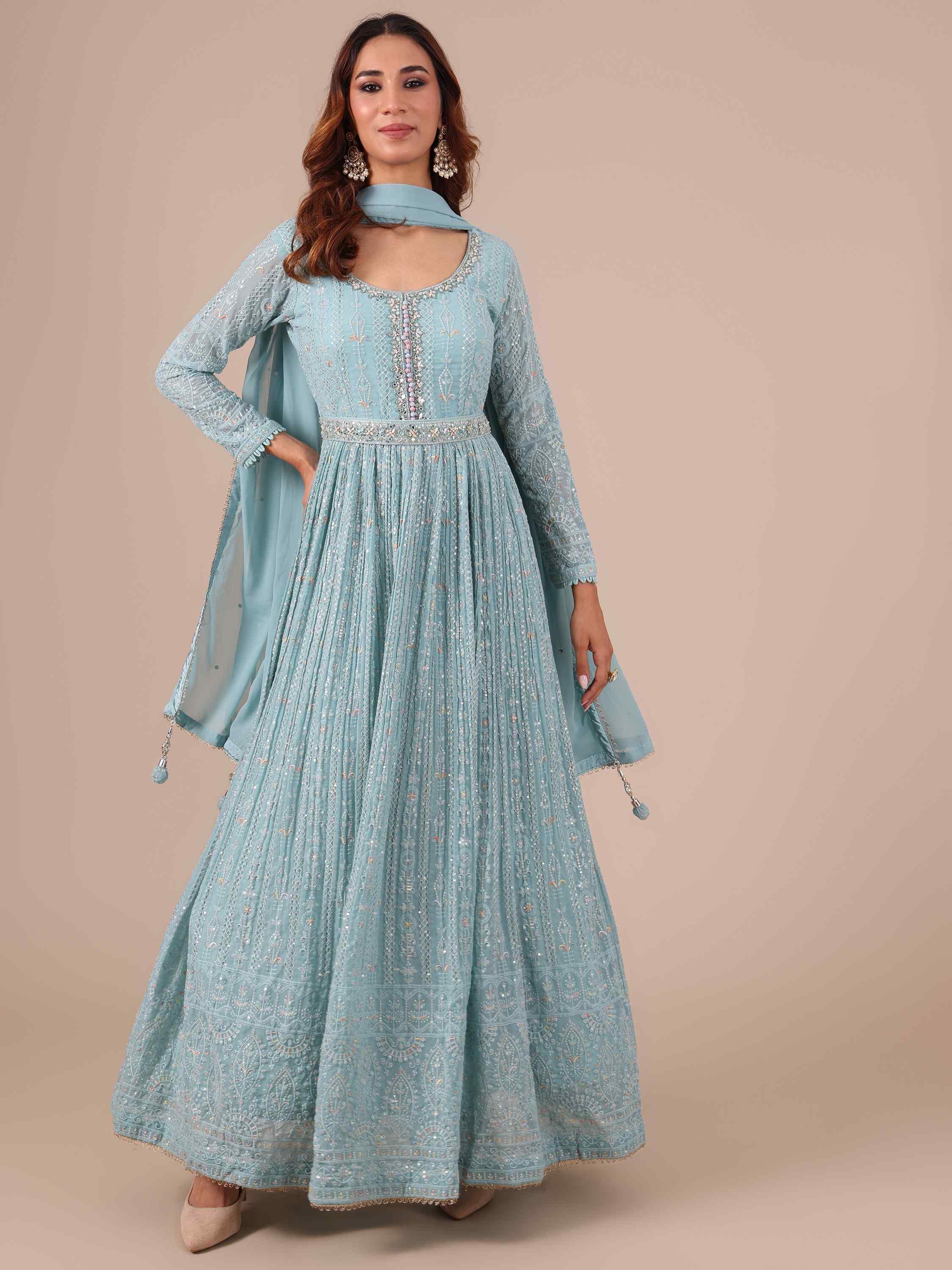 Ice Blue Georgette Anarkali with Matching Dupatta - House of Surya