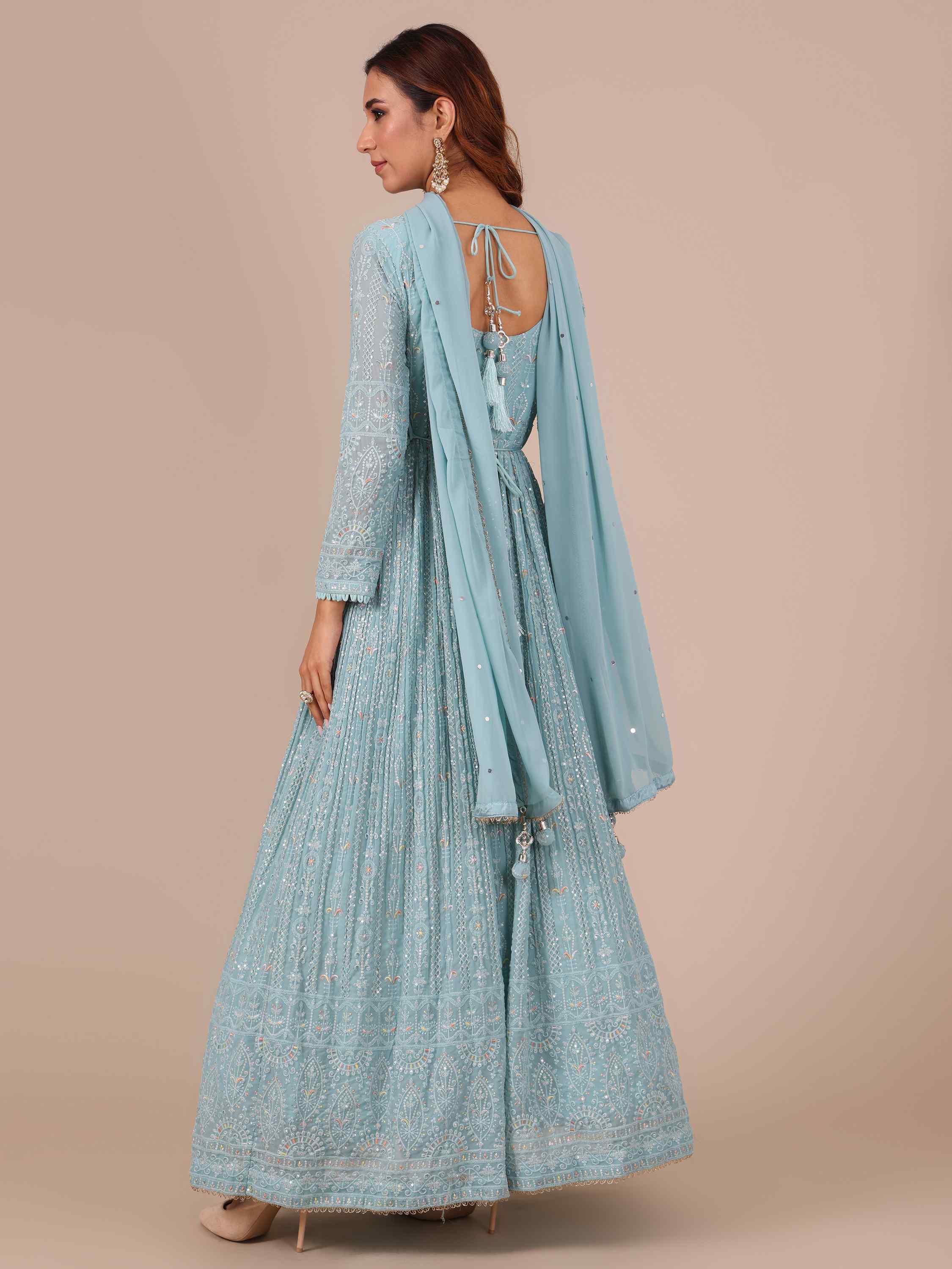 Ice Blue Georgette Anarkali with Matching Dupatta - House of Surya