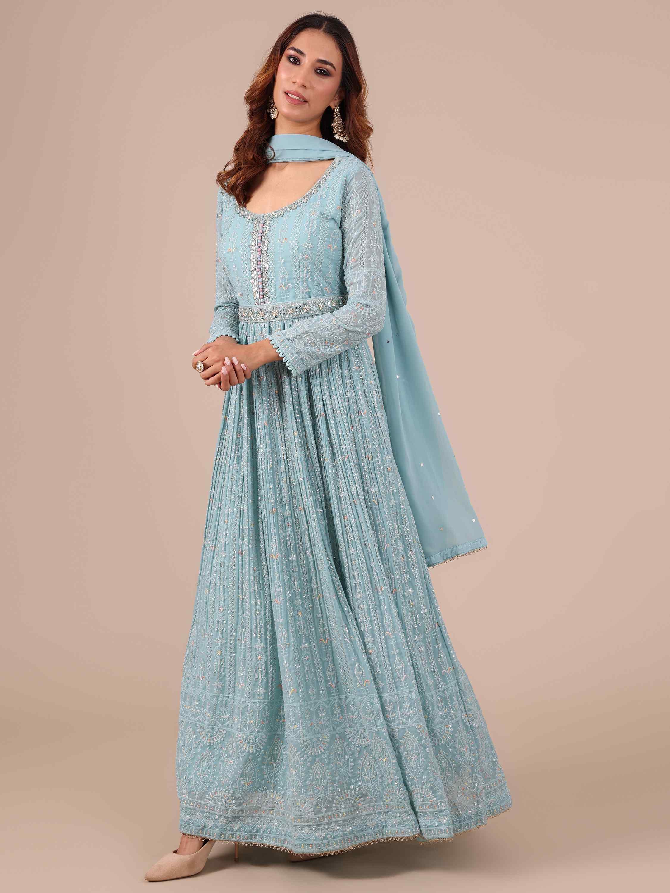 Ice Blue Georgette Anarkali with Matching Dupatta - House of Surya