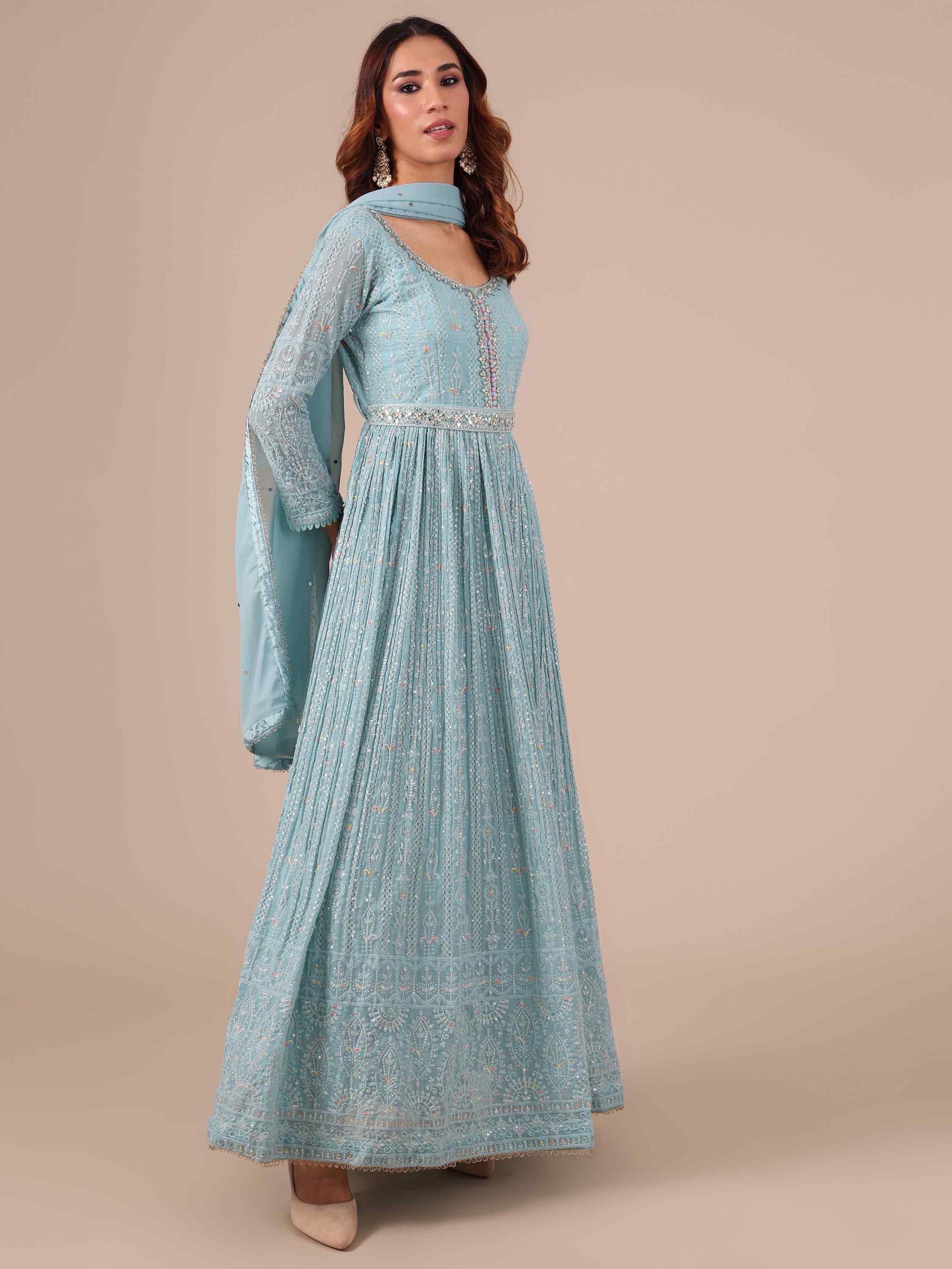 Ice Blue Georgette Anarkali with Matching Dupatta - House of Surya