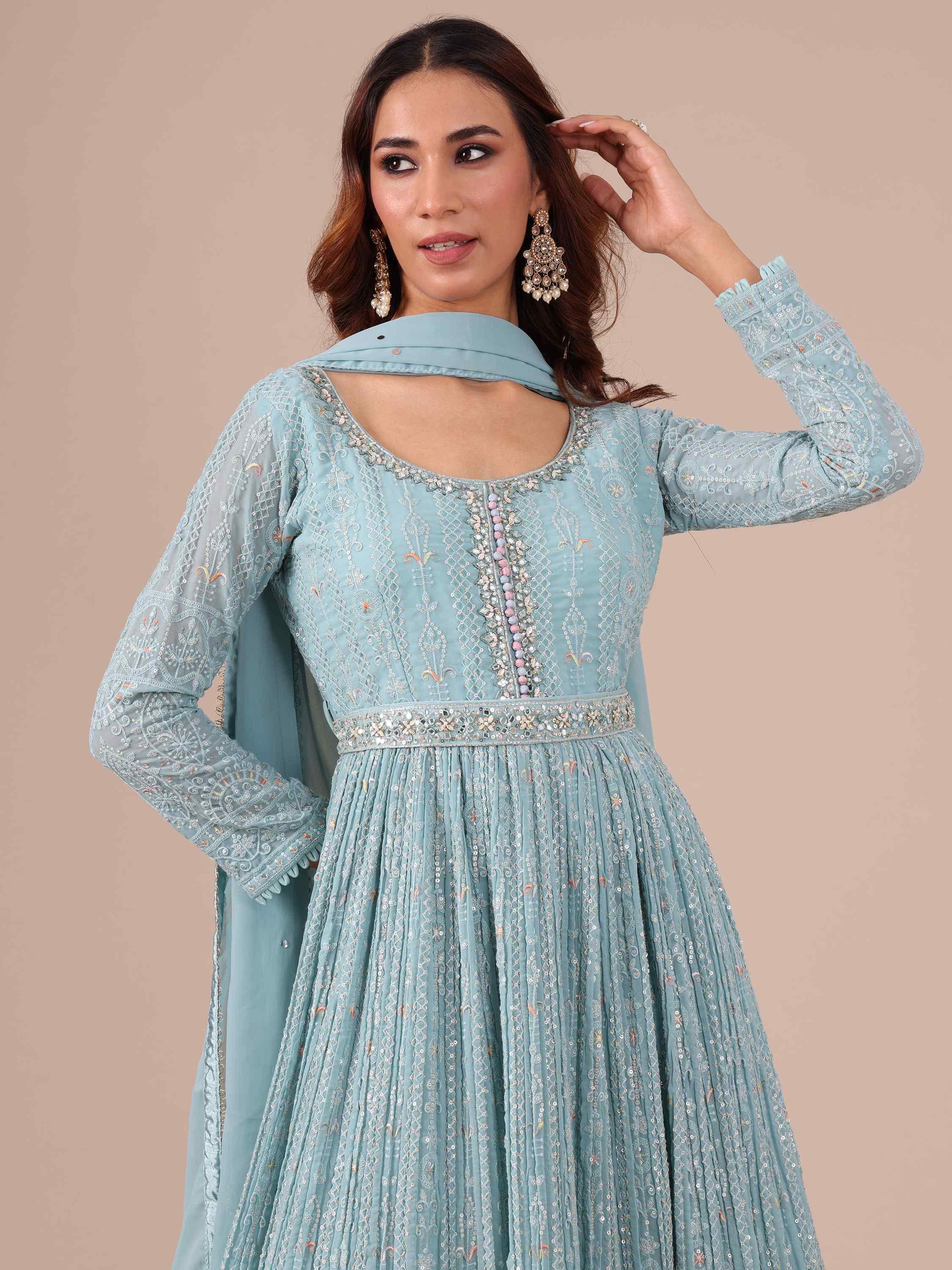 Ice Blue Georgette Anarkali with Matching Dupatta - House of Surya