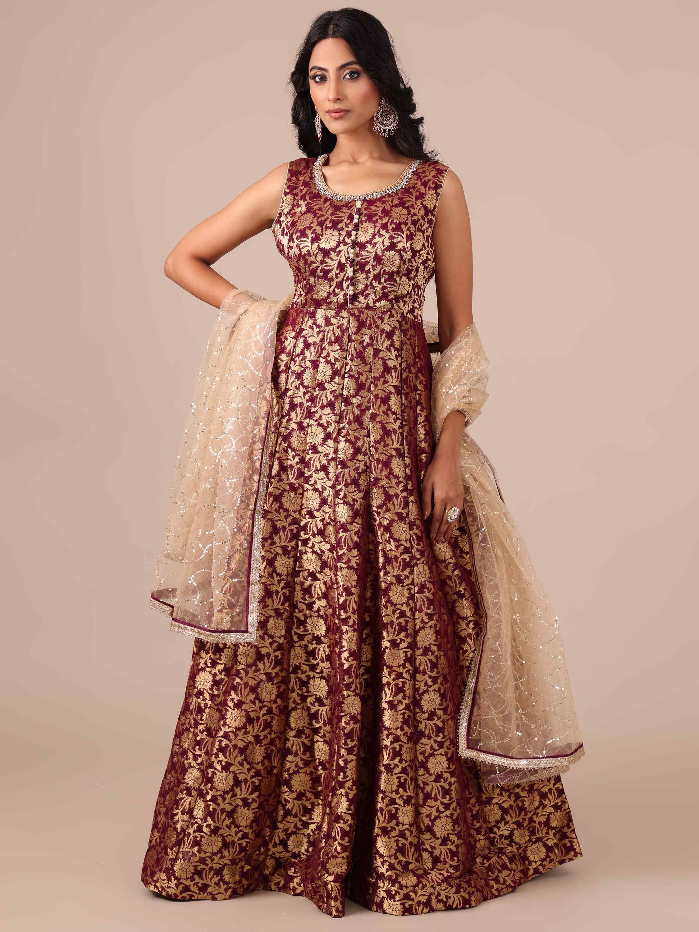 Wine Khaddi Georgette Anarkali with Net Dupatta - House of Surya