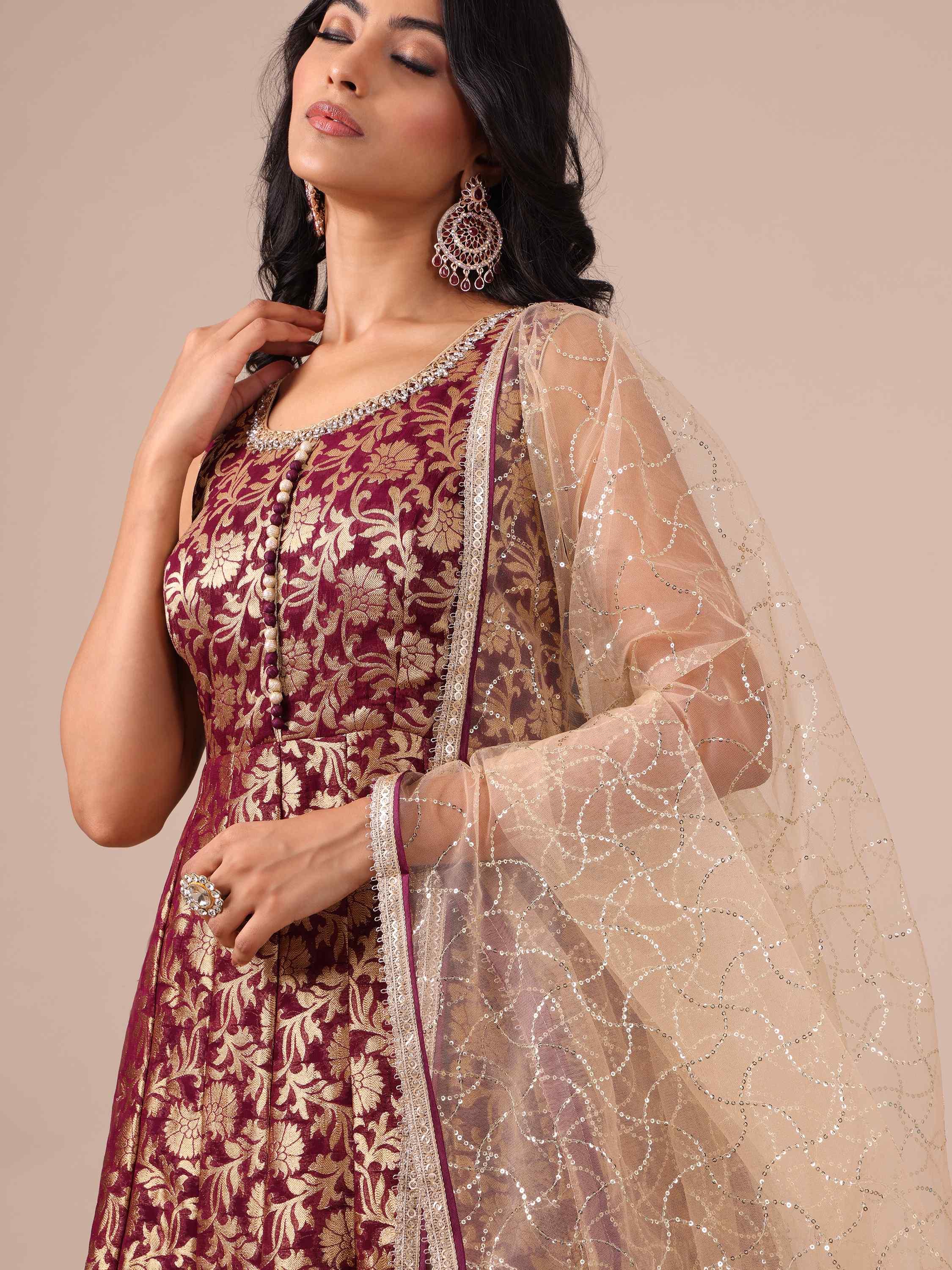 Wine Khaddi Georgette Anarkali with Net Dupatta - House of Surya