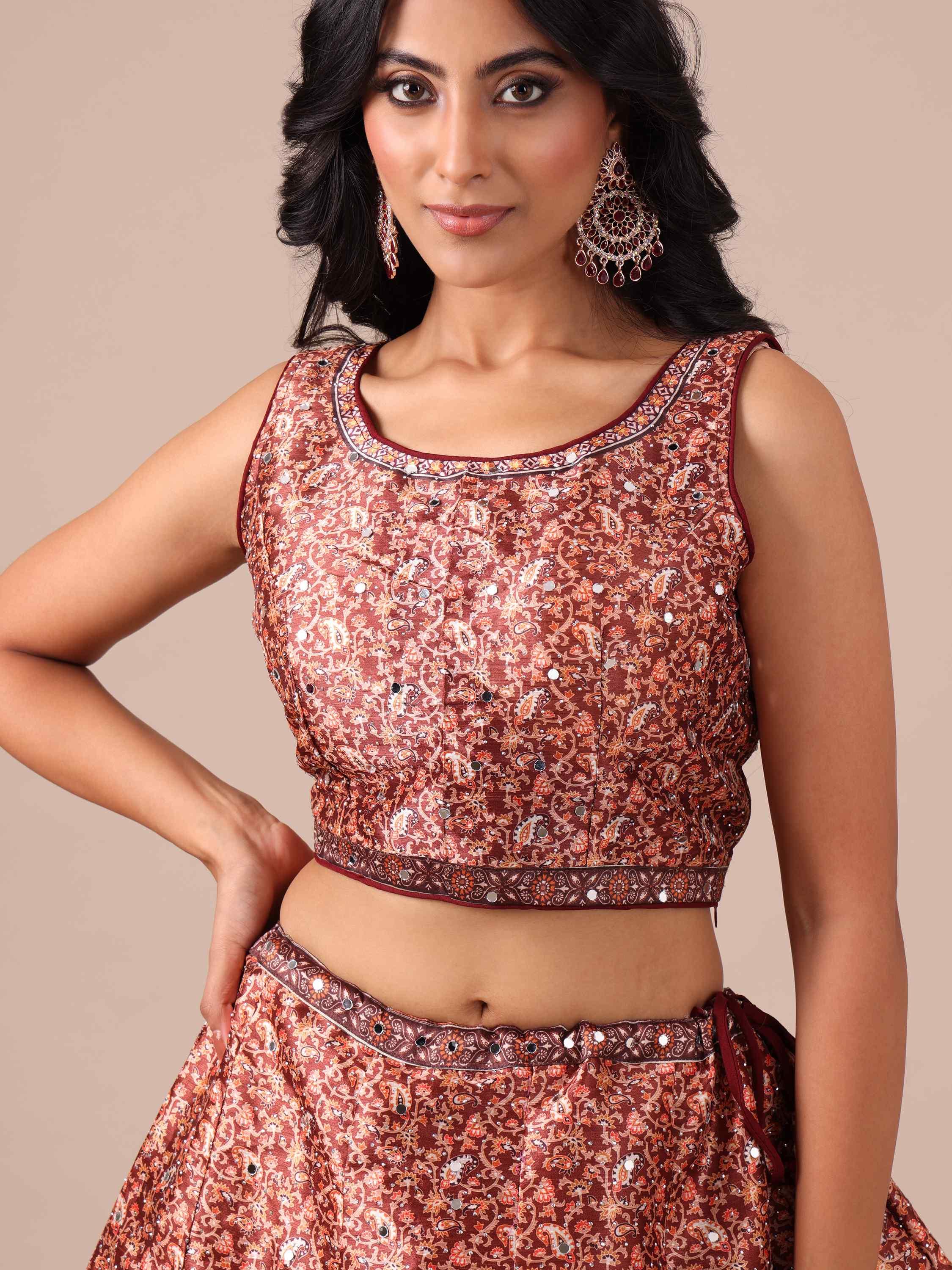 Brown Color Printed Lehenga Choli with Net Dupatta - House of Surya
