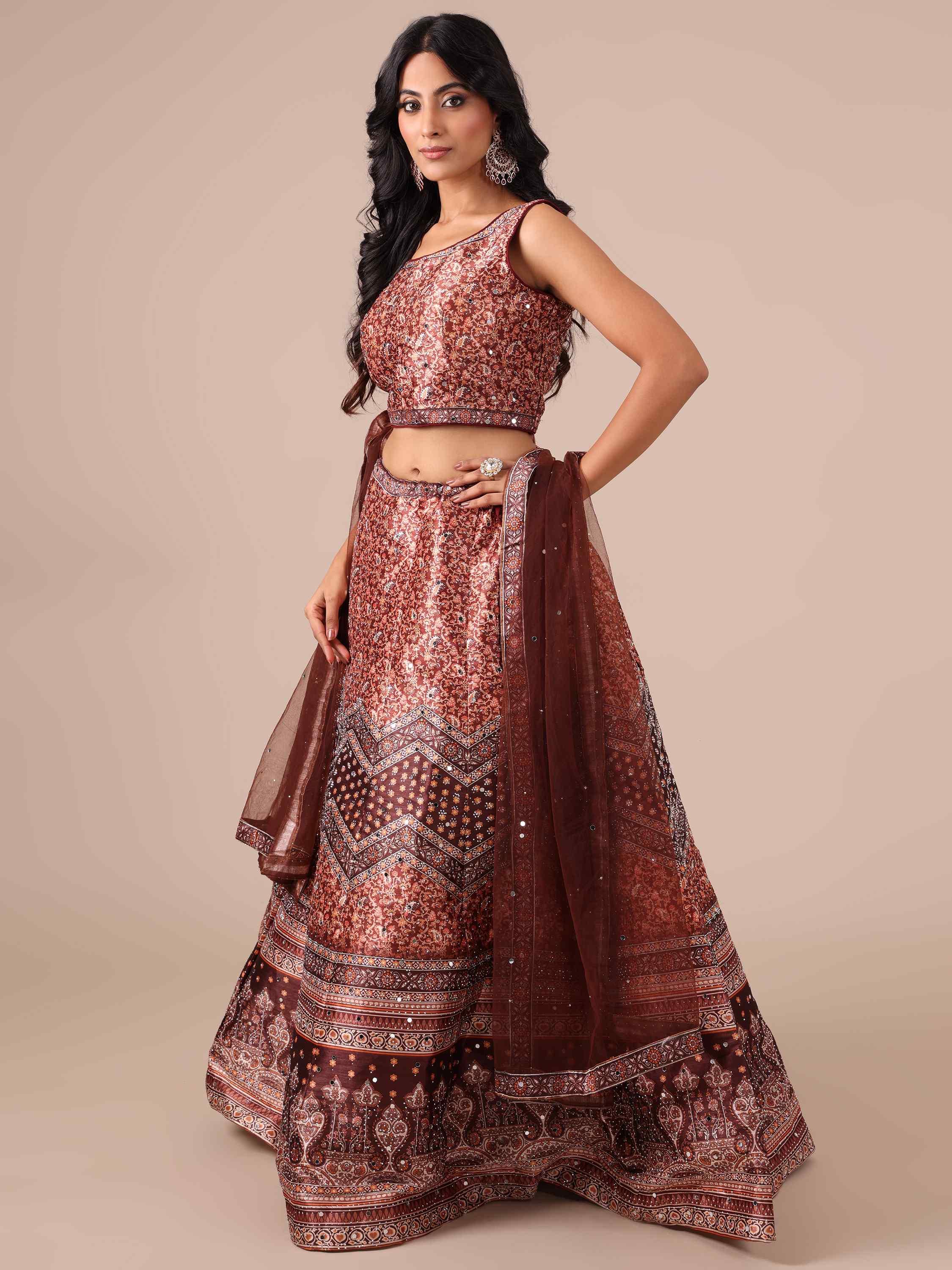 Brown Color Printed Lehenga Choli with Net Dupatta - House of Surya