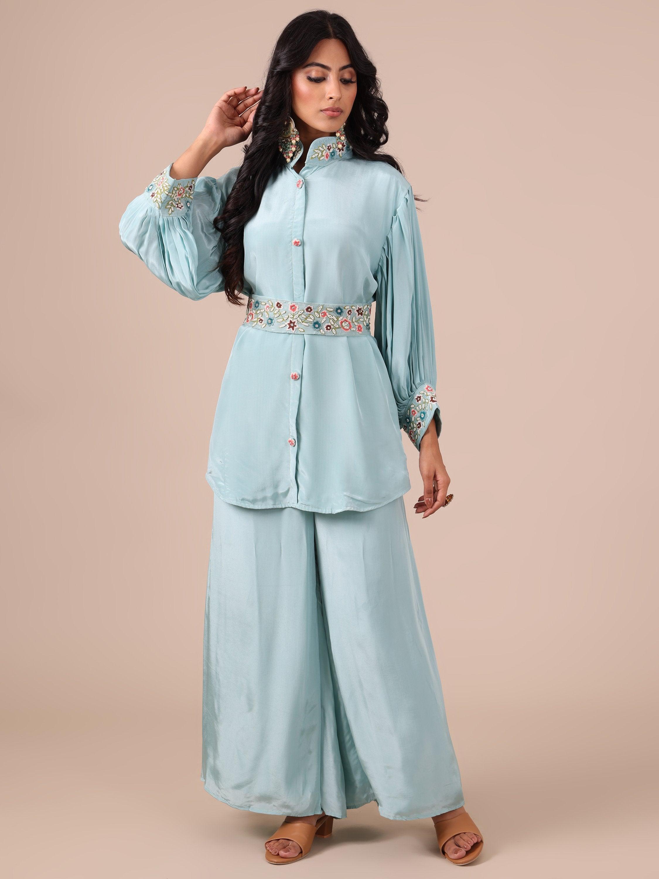 Ice Blue Chinon Co-ord Set with Applique & Beads Work - House of Surya