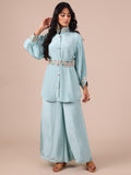 Ice Blue Chinon Co-ord Set with Applique & Beads Work - House of Surya