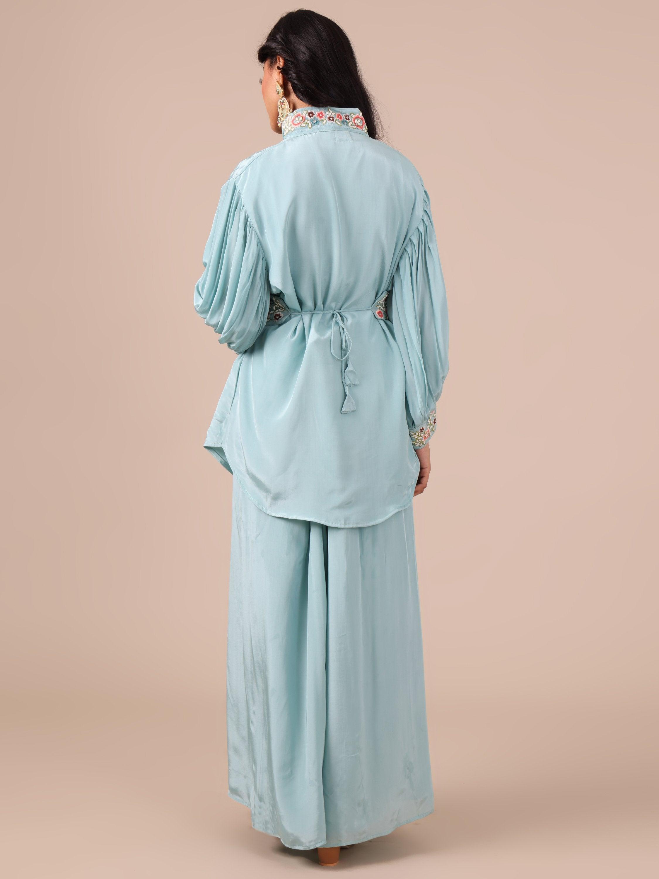 Ice Blue Chinon Co-ord Set with Applique & Beads Work - House of Surya