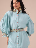 Ice Blue Chinon Co-ord Set with Applique & Beads Work - House of Surya
