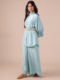 Ice Blue Chinon Co-ord Set with Applique & Beads Work - House of Surya