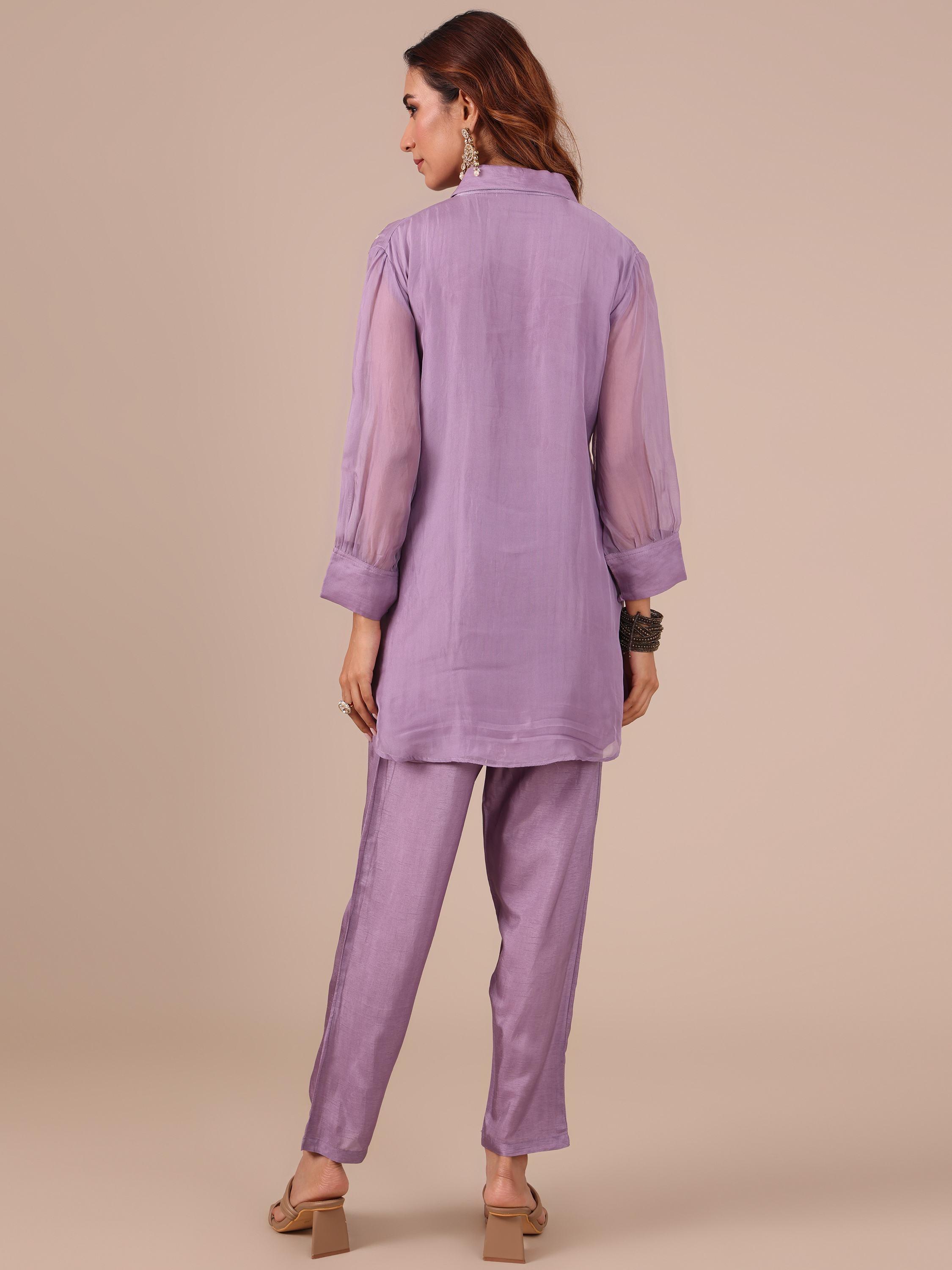 Lavender Color Silk Co-ord Set With Thread Work - House of Surya