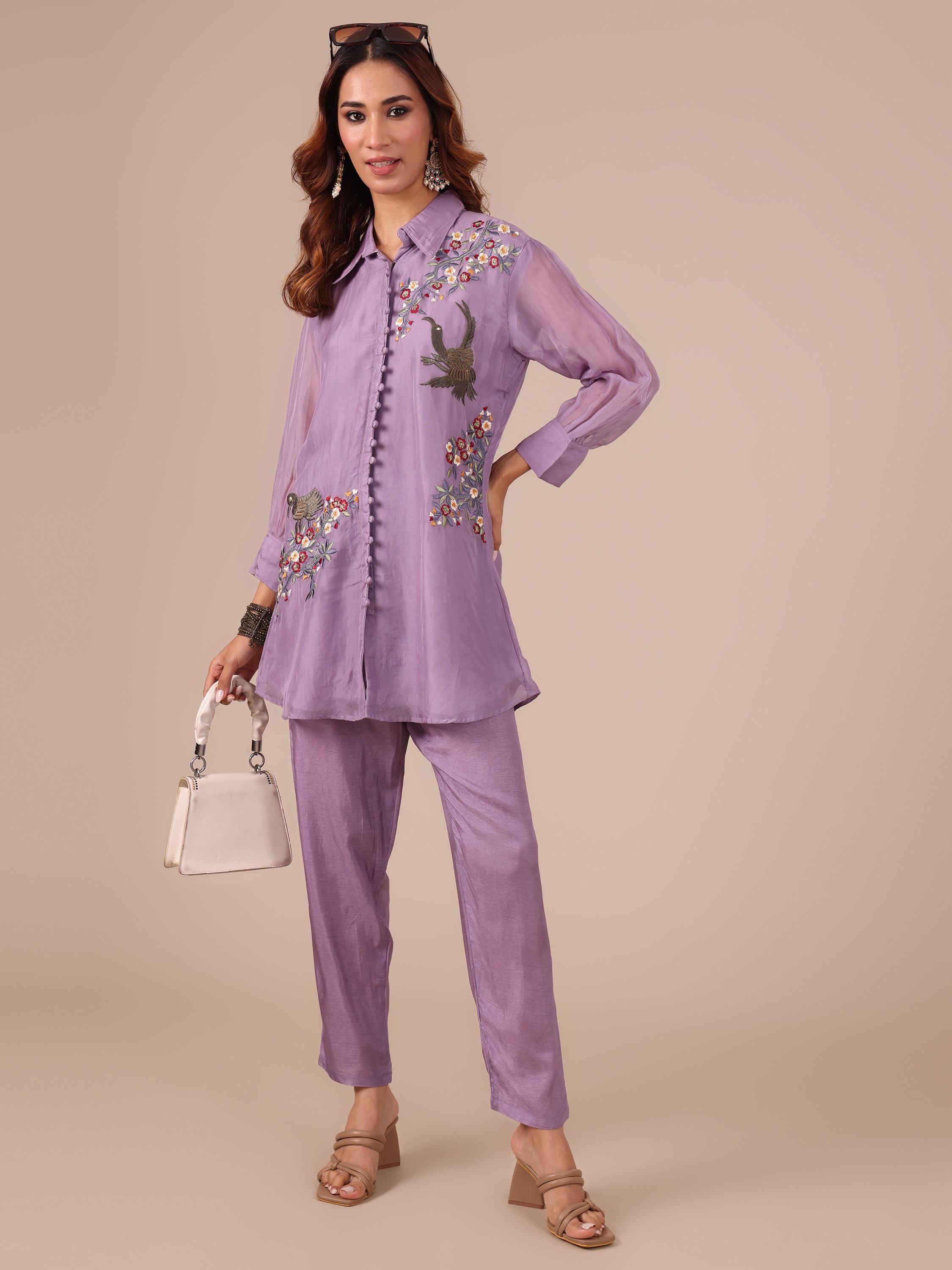 Lavender Color Silk Co-ord Set With Thread Work - House of Surya