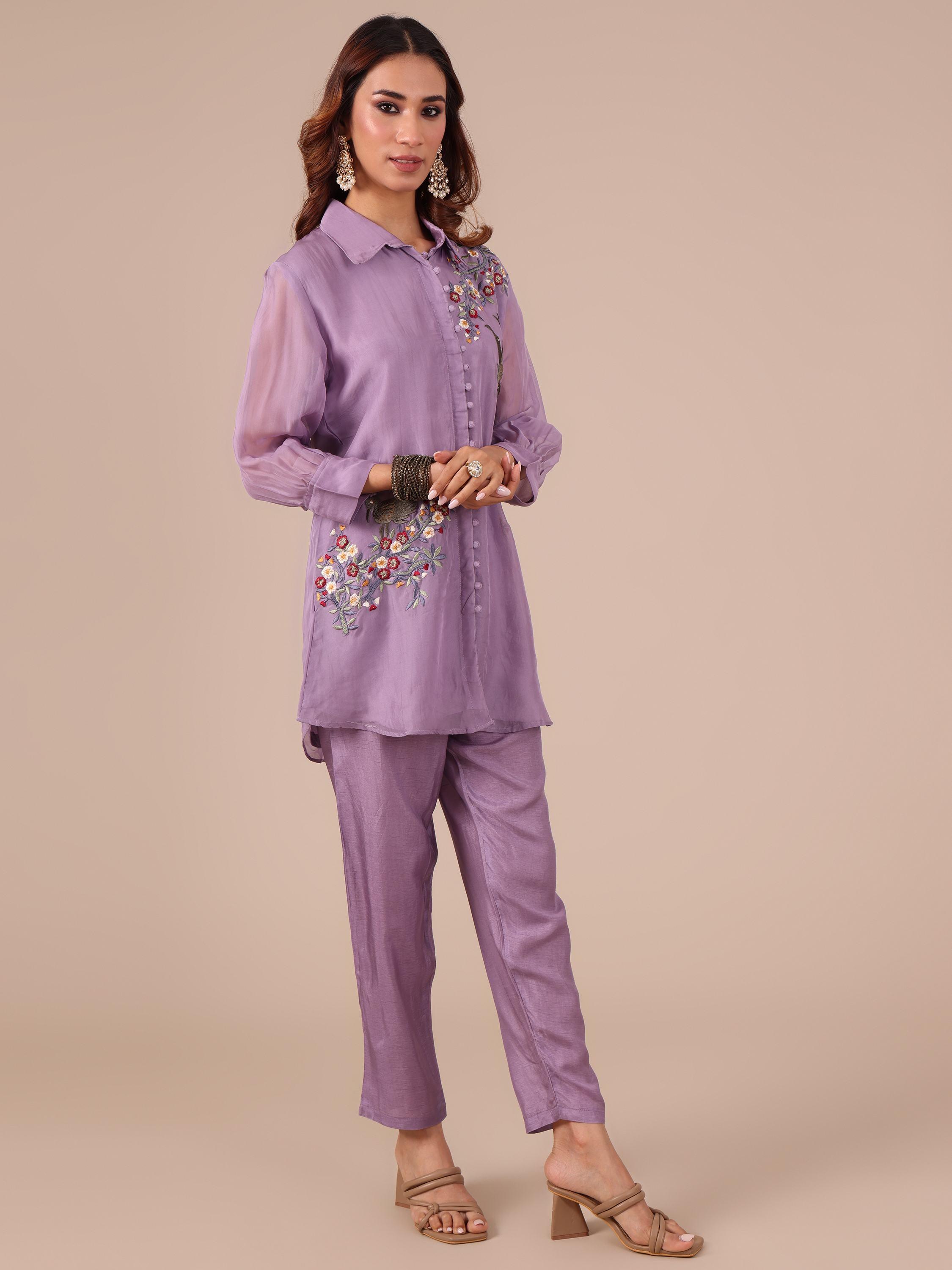 Lavender Color Silk Co-ord Set With Thread Work - House of Surya