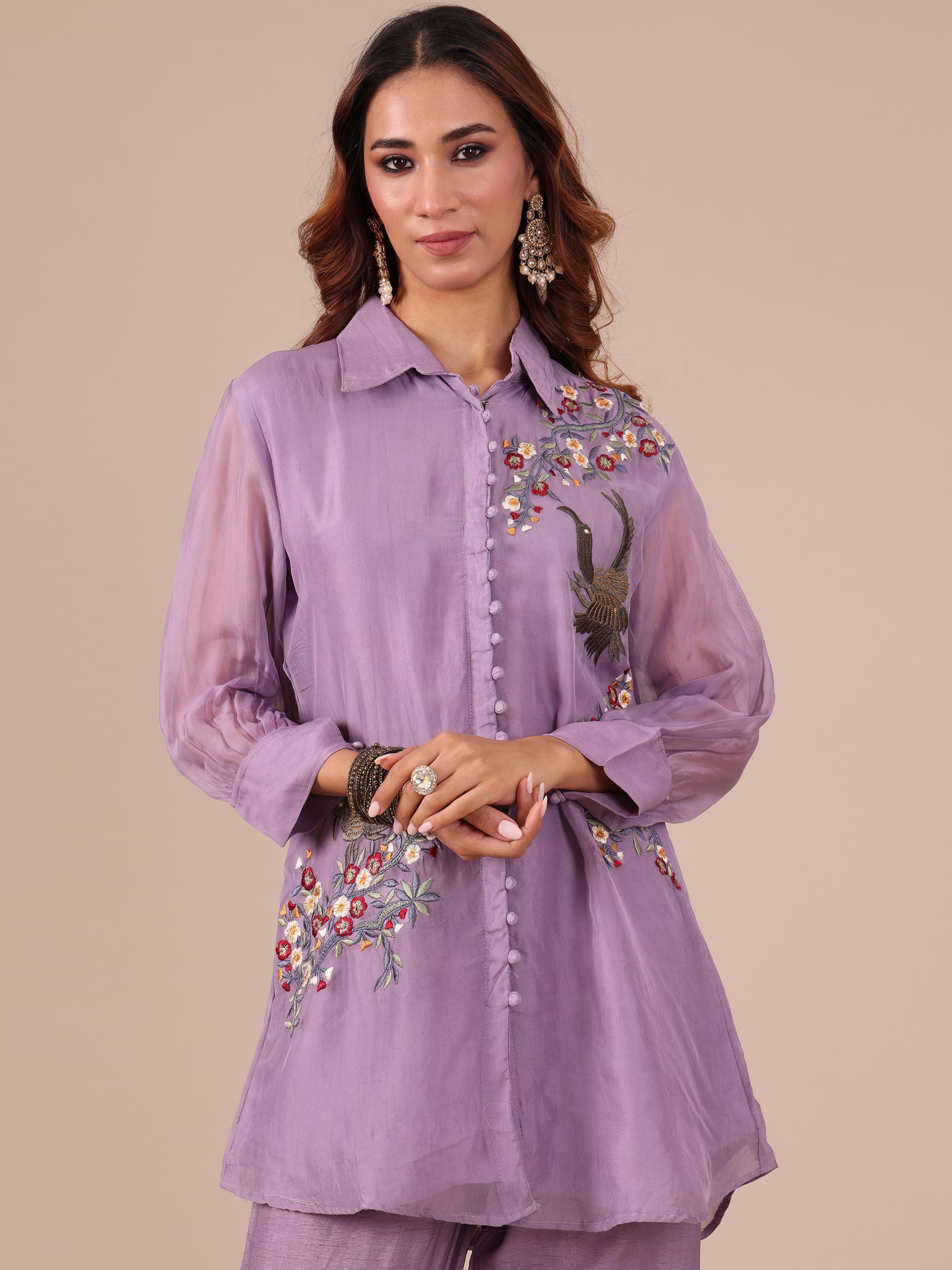 Lavender Color Silk Co-ord Set With Thread Work - House of Surya