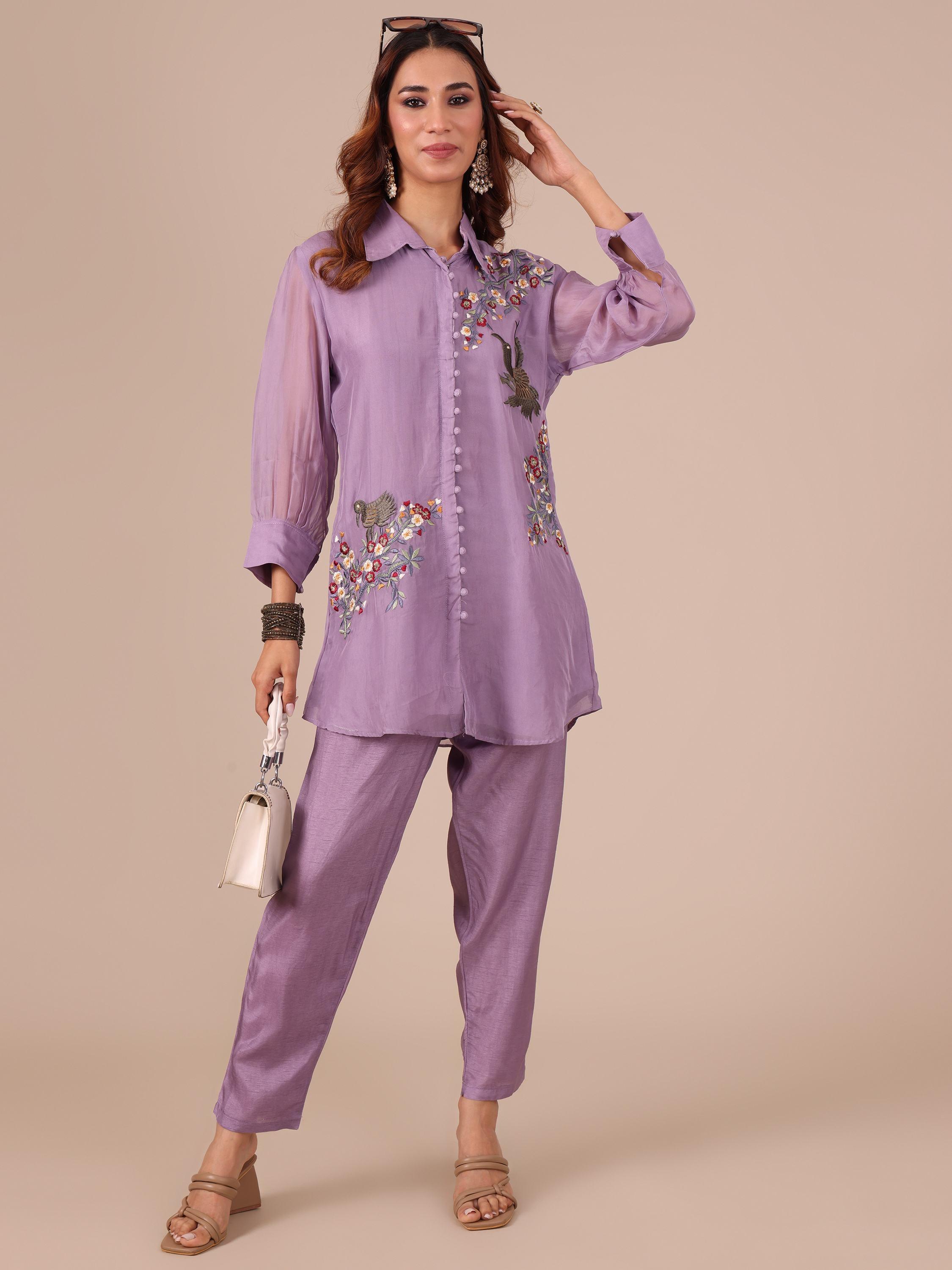Lavender Color Silk Co-ord Set With Thread Work - House of Surya