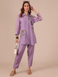 Lavender Color Silk Co-ord Set With Thread Work - House of Surya
