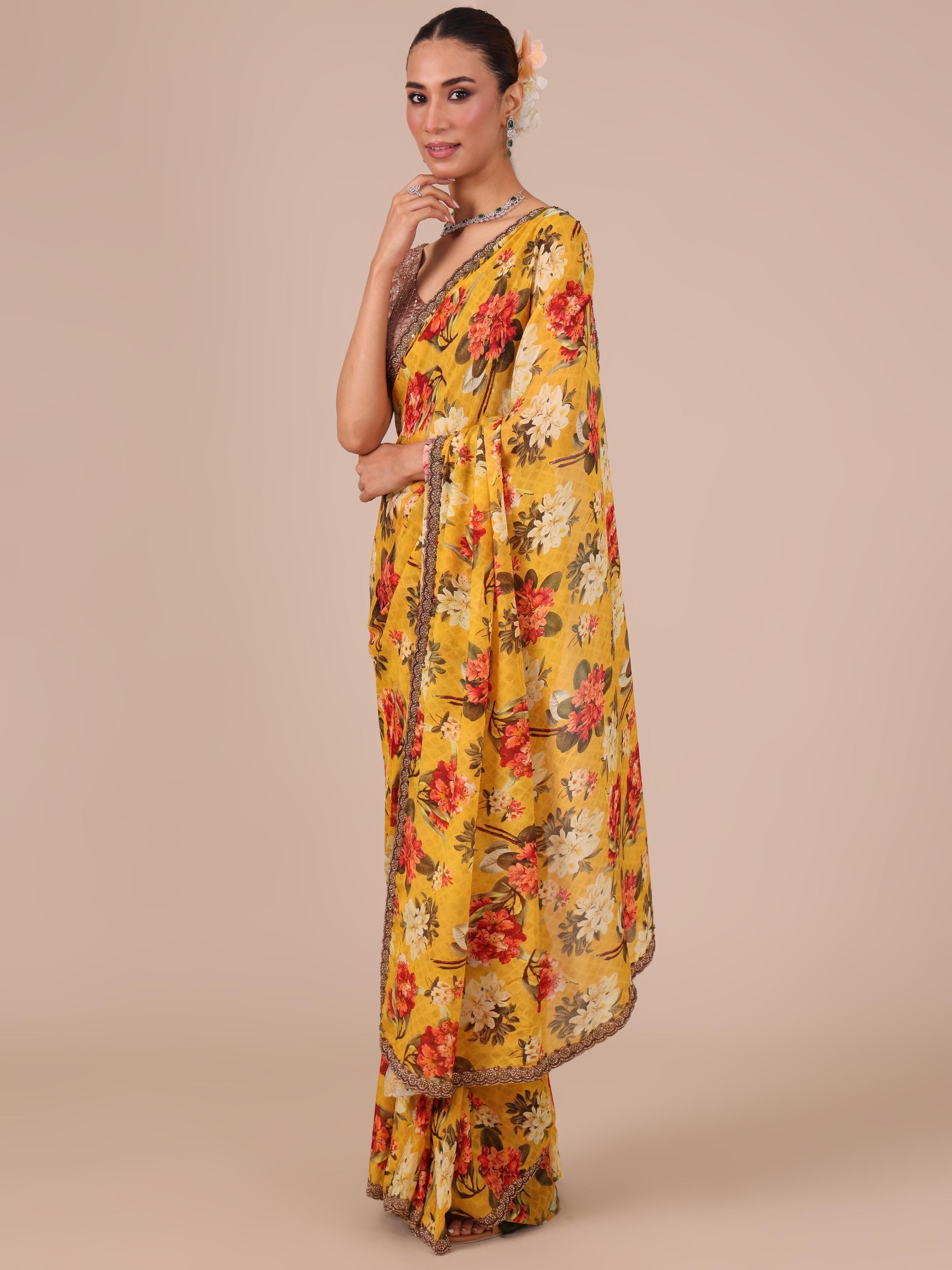Mustard Chinon Saree with Dabka and Beads Work - House of Surya
