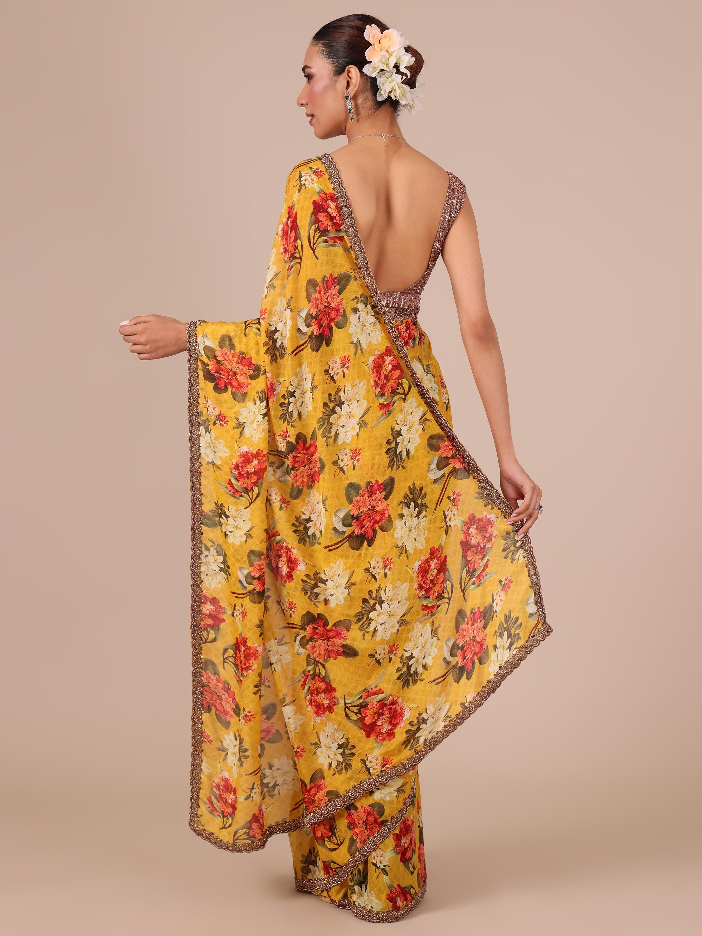 Mustard Chinon Saree with Dabka and Beads Work - House of Surya