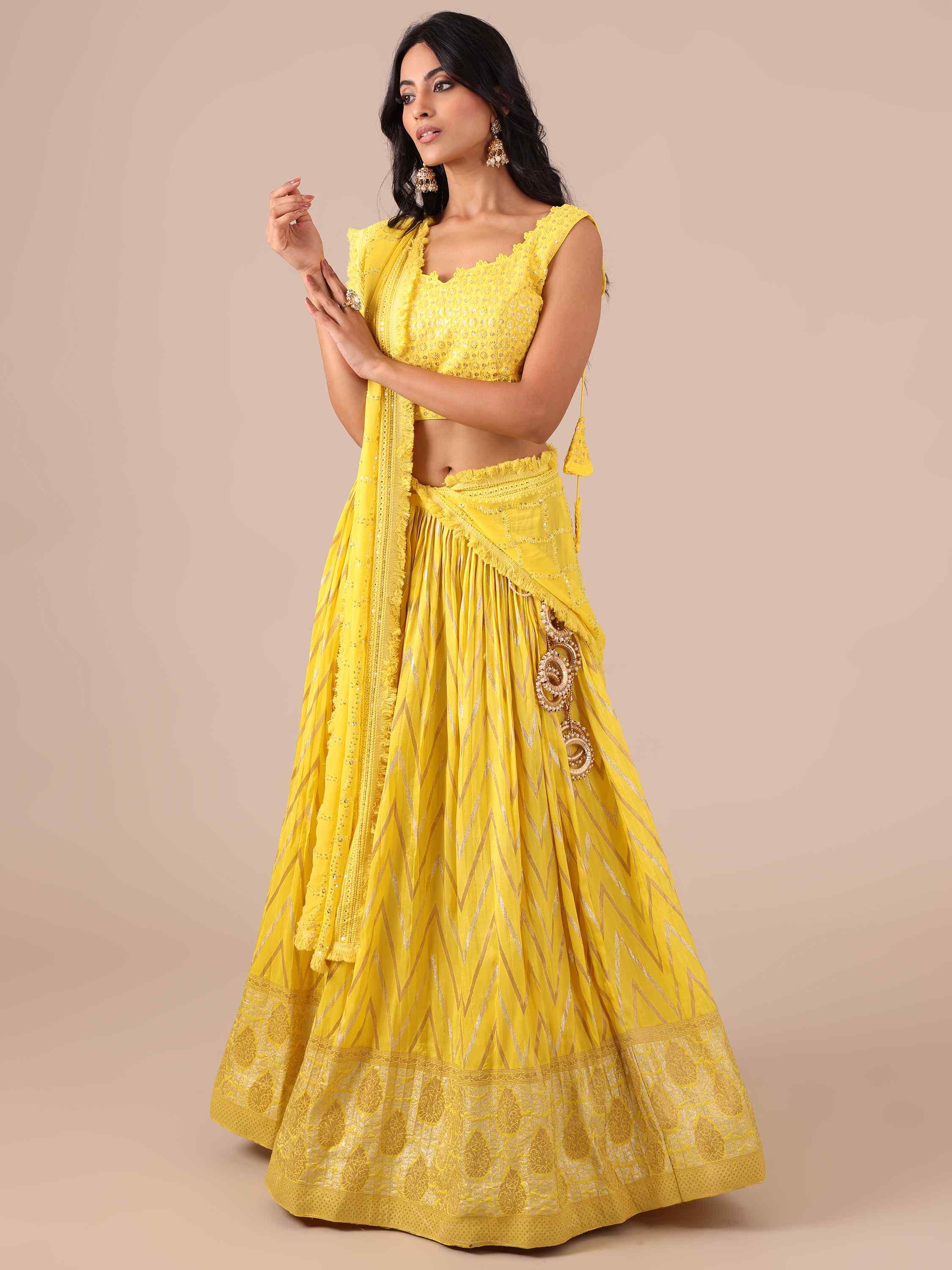 Yellow Dola Silk Lehenga Choli with Chikankari Work - House of Surya