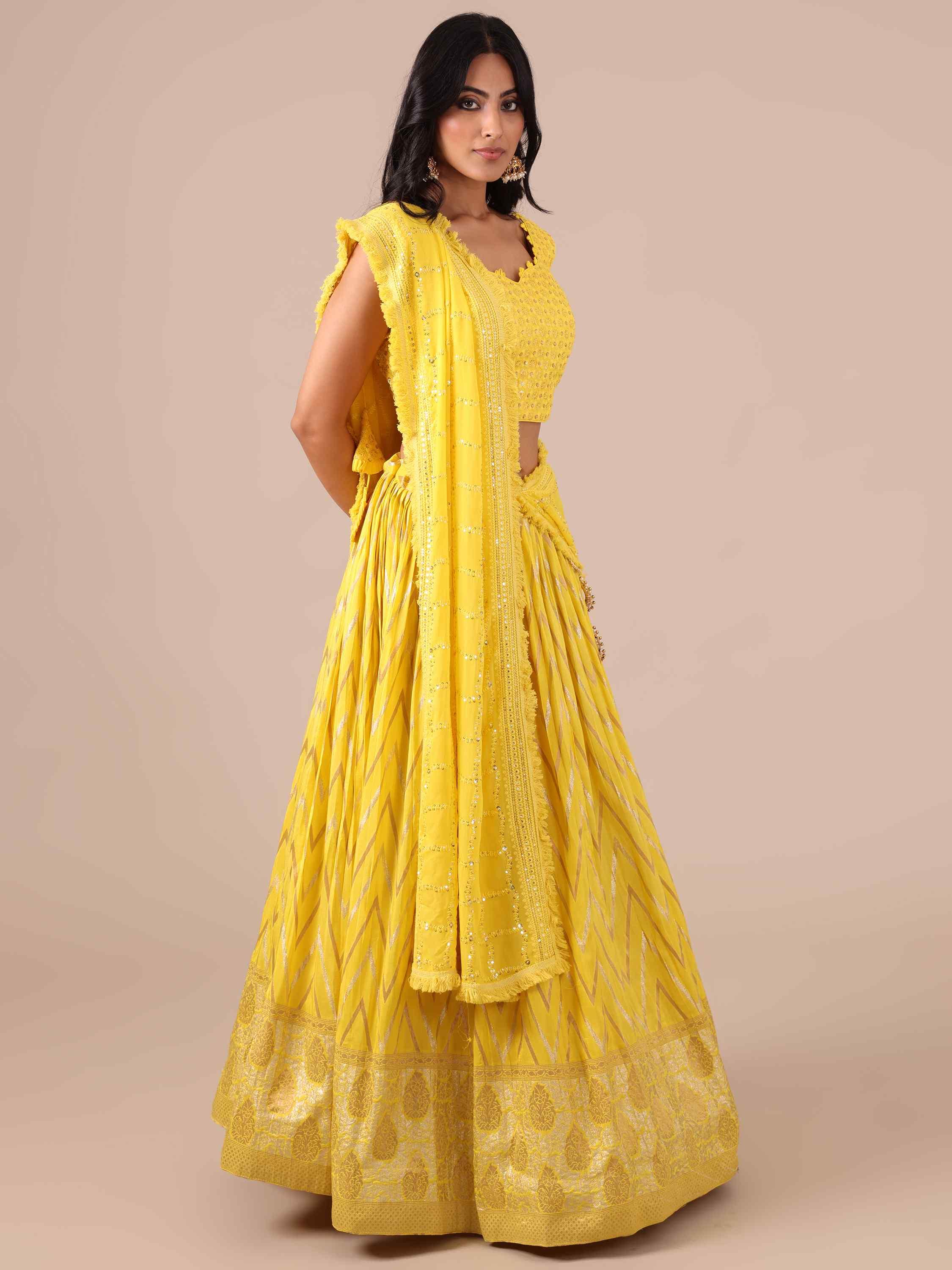 Yellow Dola Silk Lehenga Choli with Chikankari Work - House of Surya