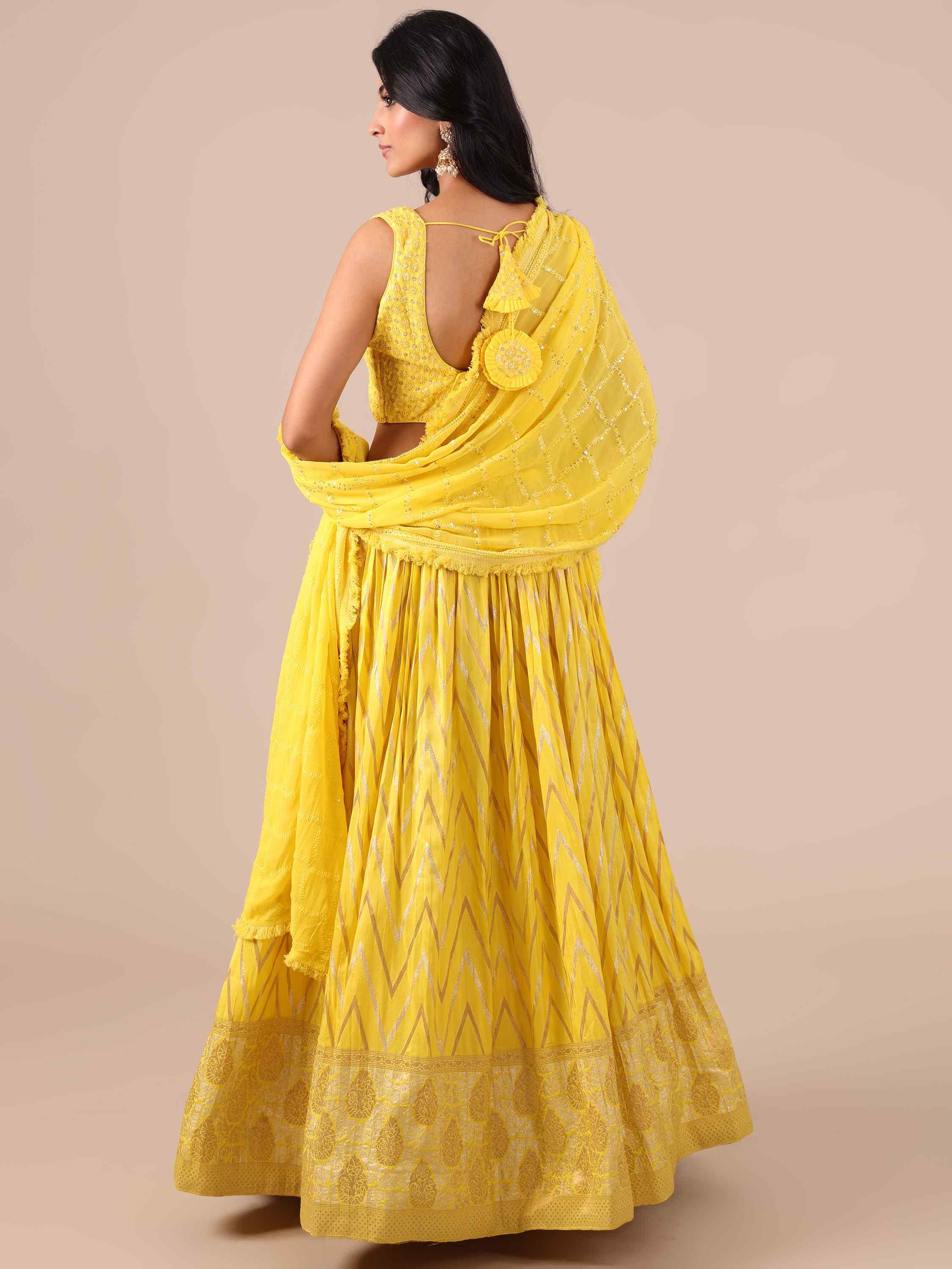 Yellow Dola Silk Lehenga Choli with Chikankari Work - House of Surya