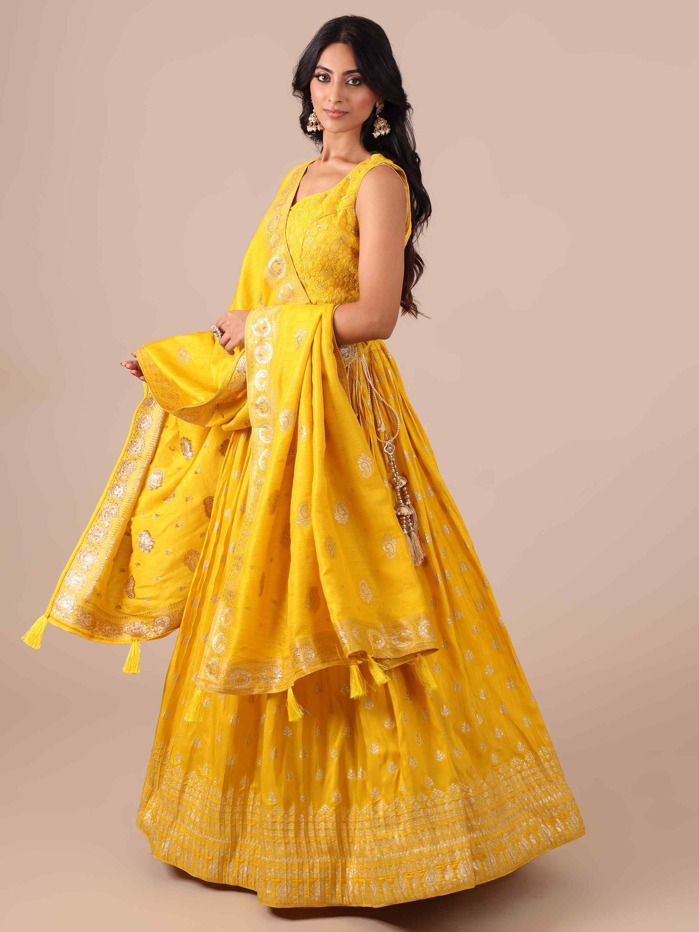 Yellow Chikankari Lehenga Choli With Matching Dupatta - House of Surya