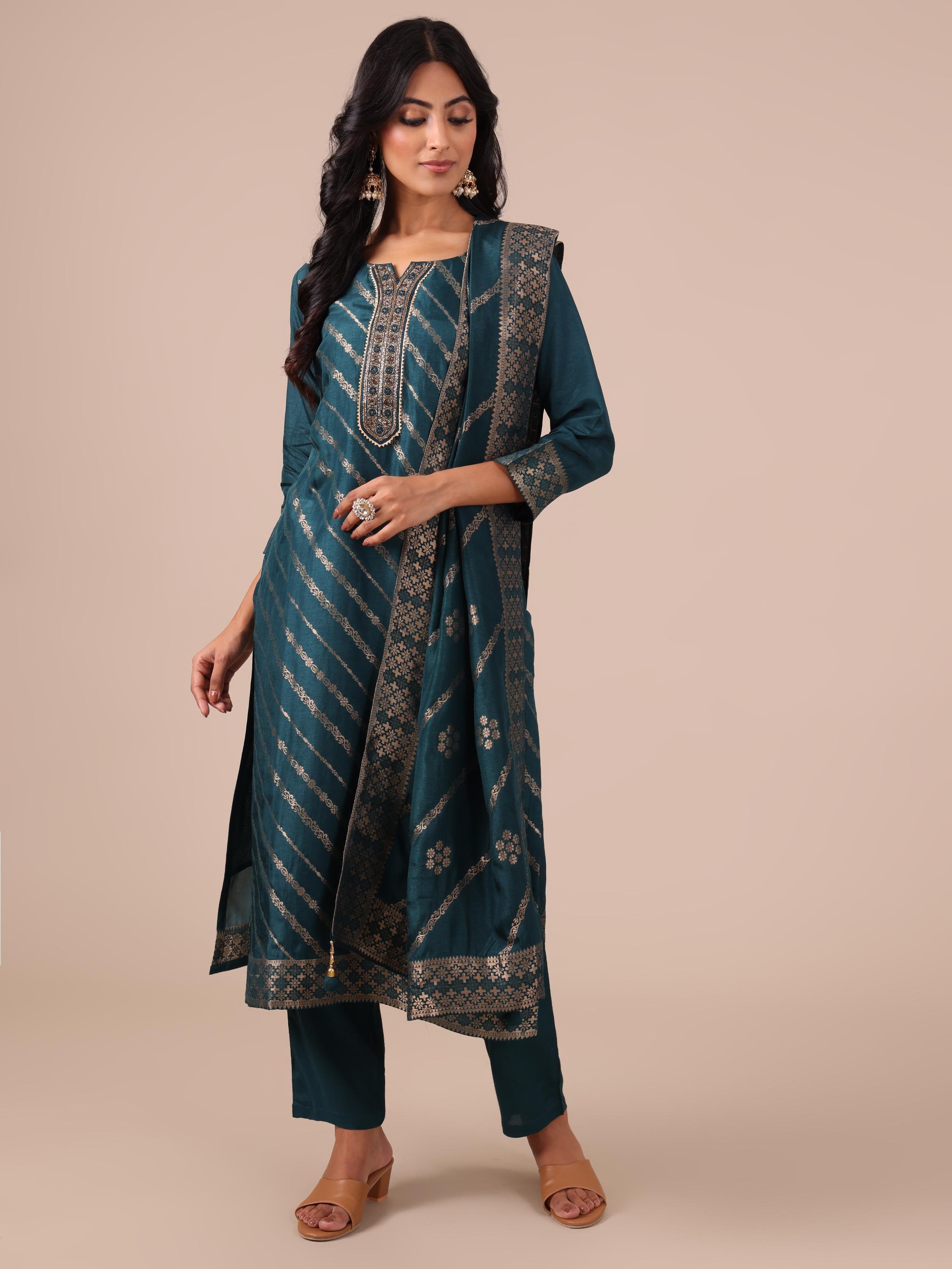 Peacock Green Suit with Matching Dupatta - House of Surya