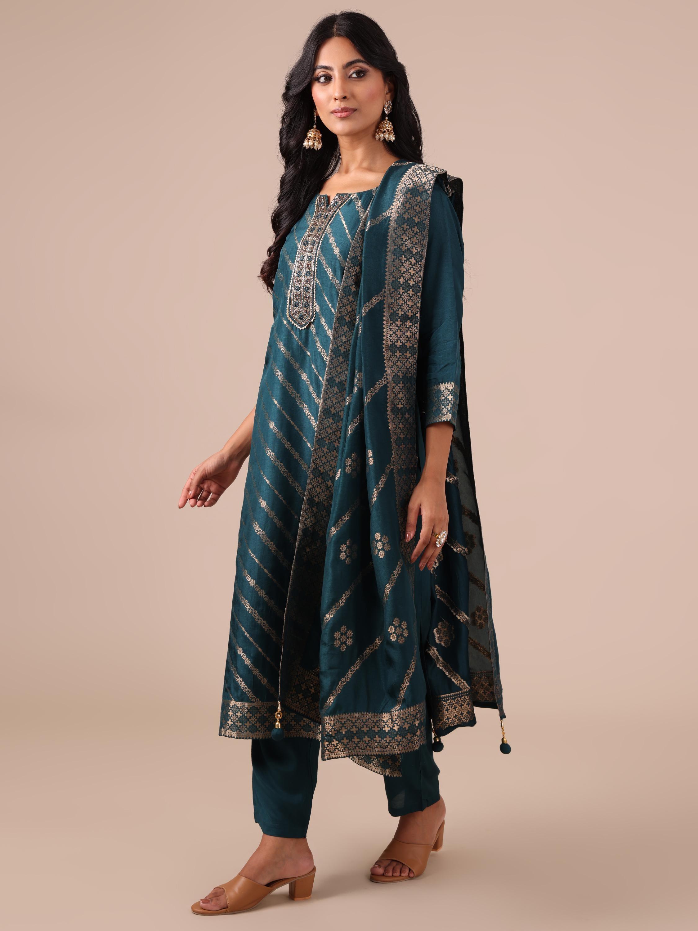 Peacock Green Suit with Matching Dupatta - House of Surya