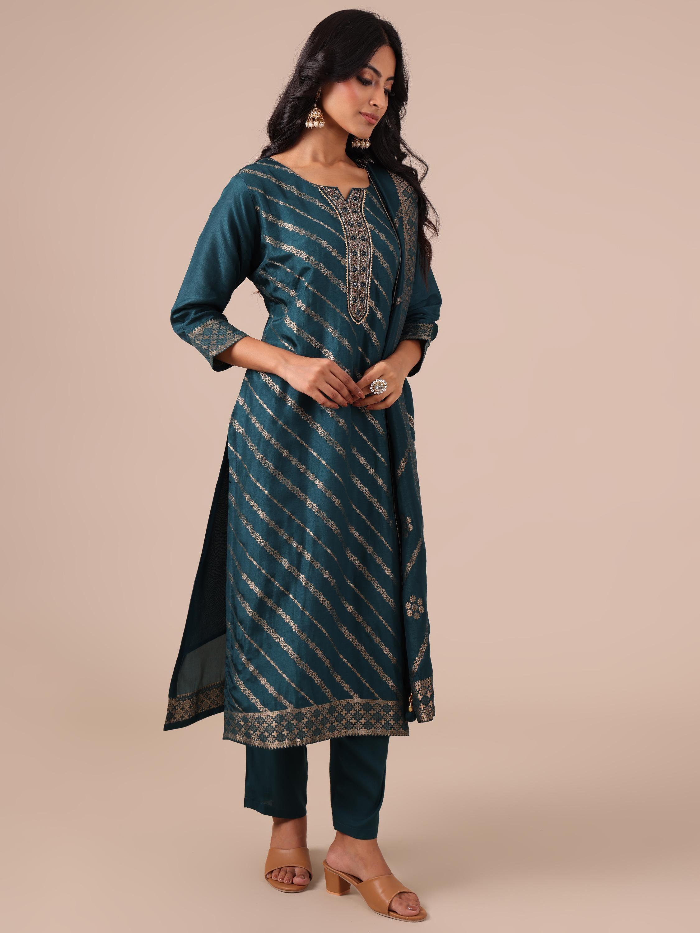 Peacock Green Suit with Matching Dupatta - House of Surya