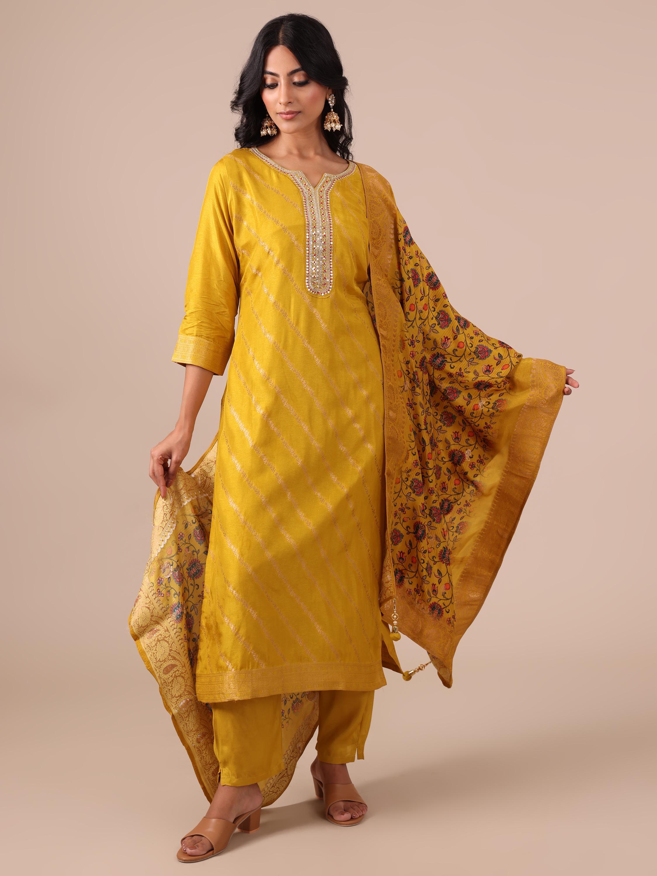 Yellow Suit In Weaving, Zari & Sequins Work - House of Surya
