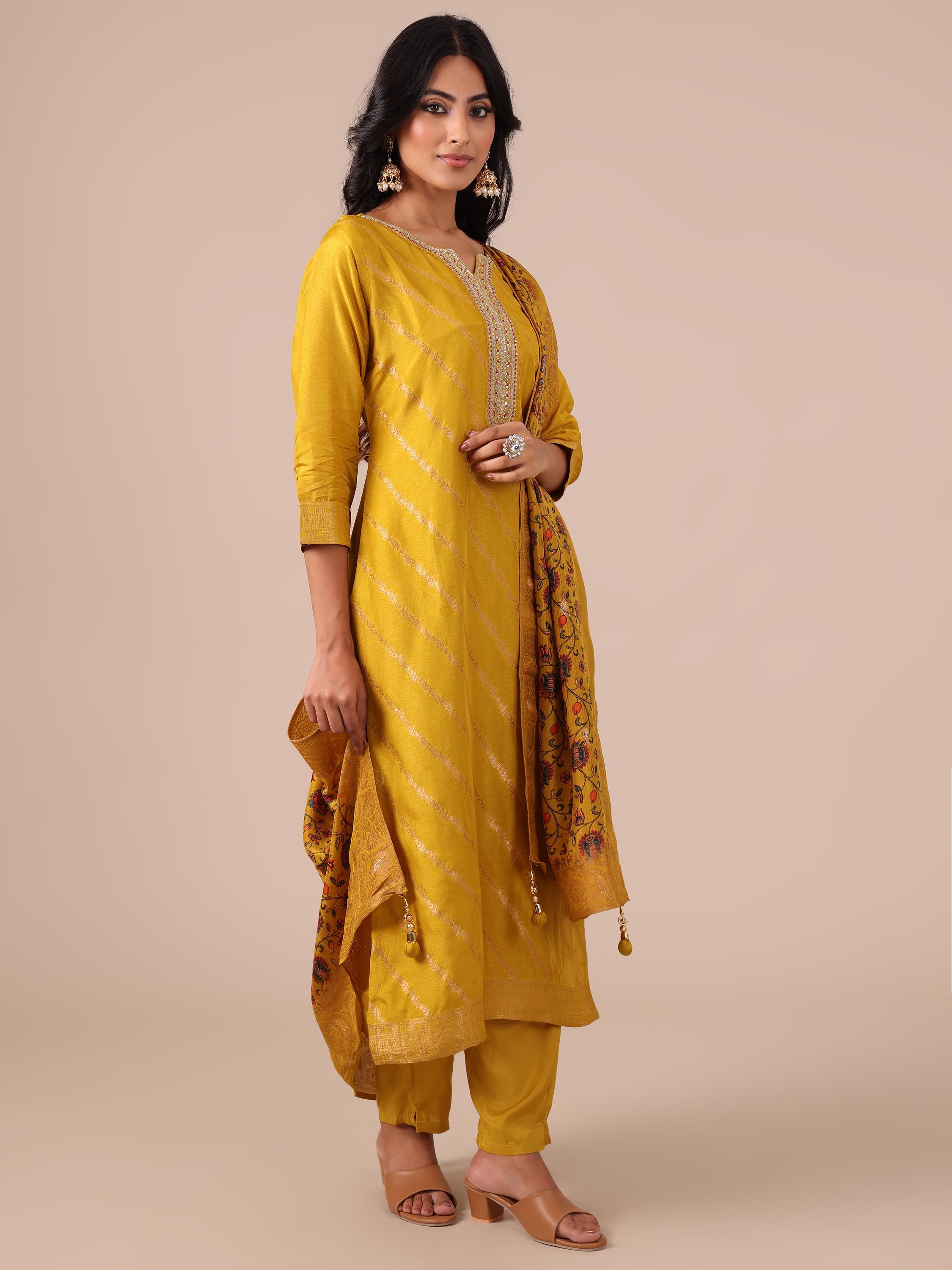 Yellow Suit In Weaving, Zari & Sequins Work - House of Surya