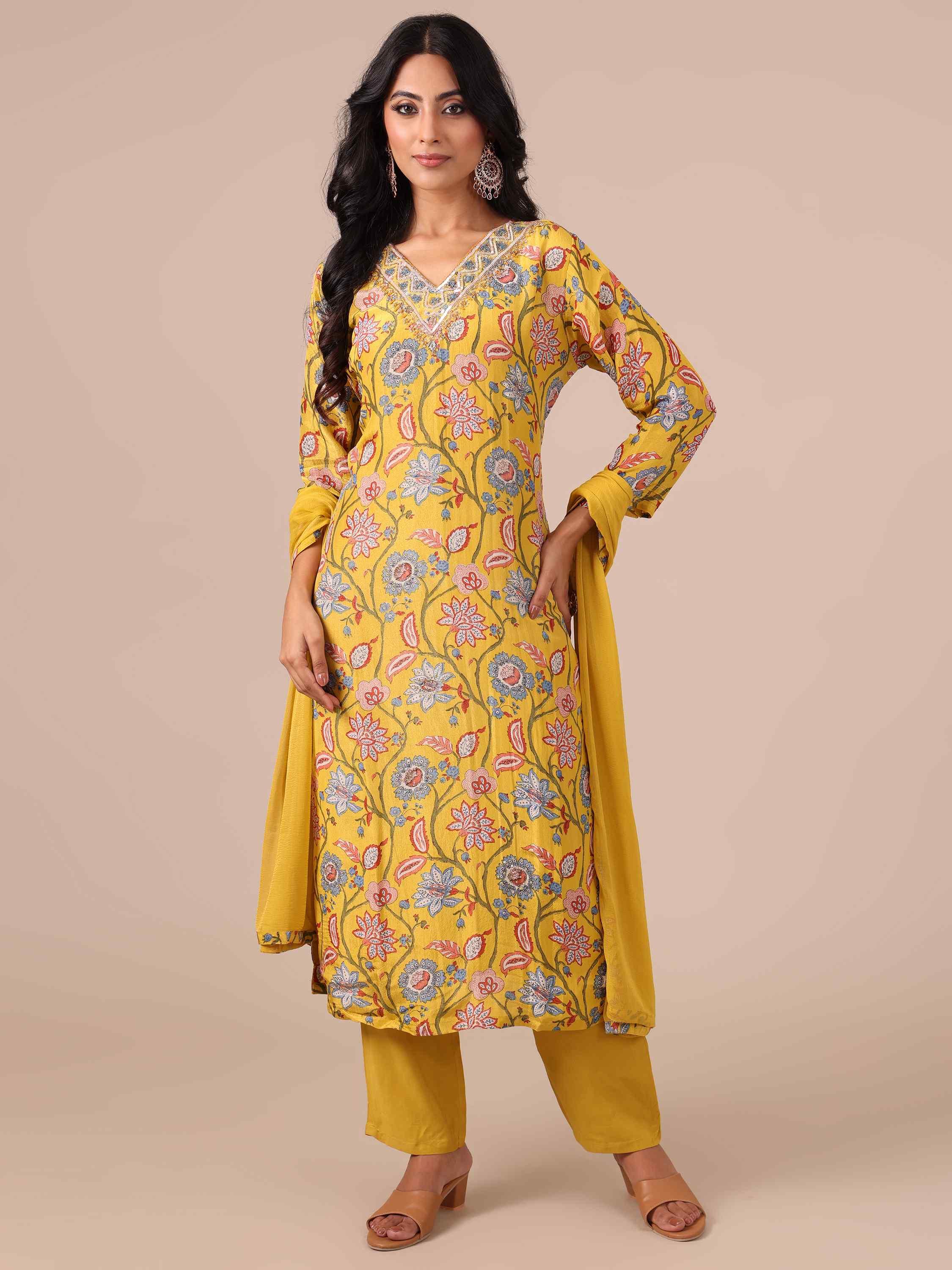 Yellow Suit In Thread, Sequins & Cutdana Work - House of Surya