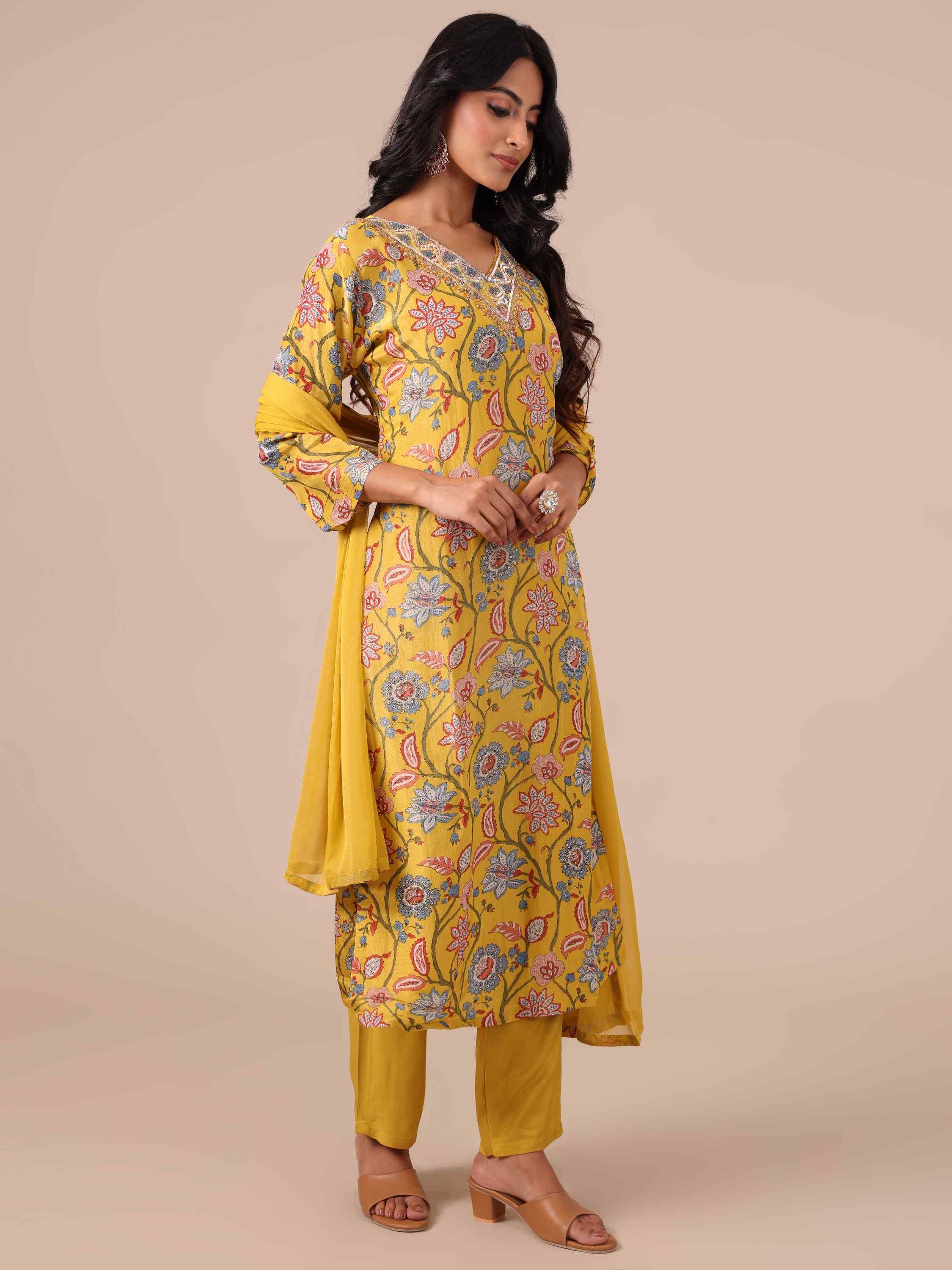 Yellow Suit In Thread, Sequins & Cutdana Work - House of Surya