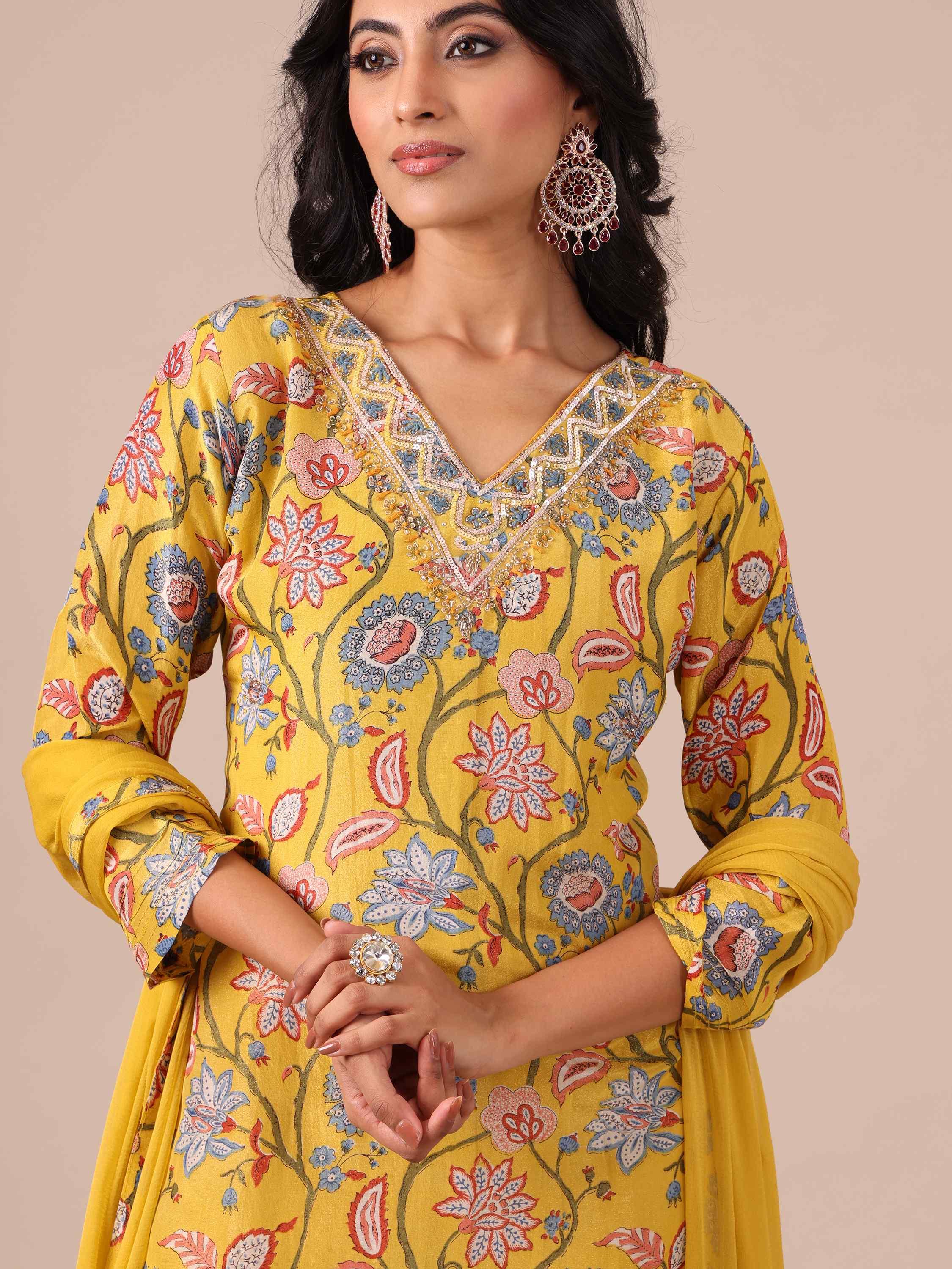 Yellow Suit In Thread, Sequins & Cutdana Work - House of Surya
