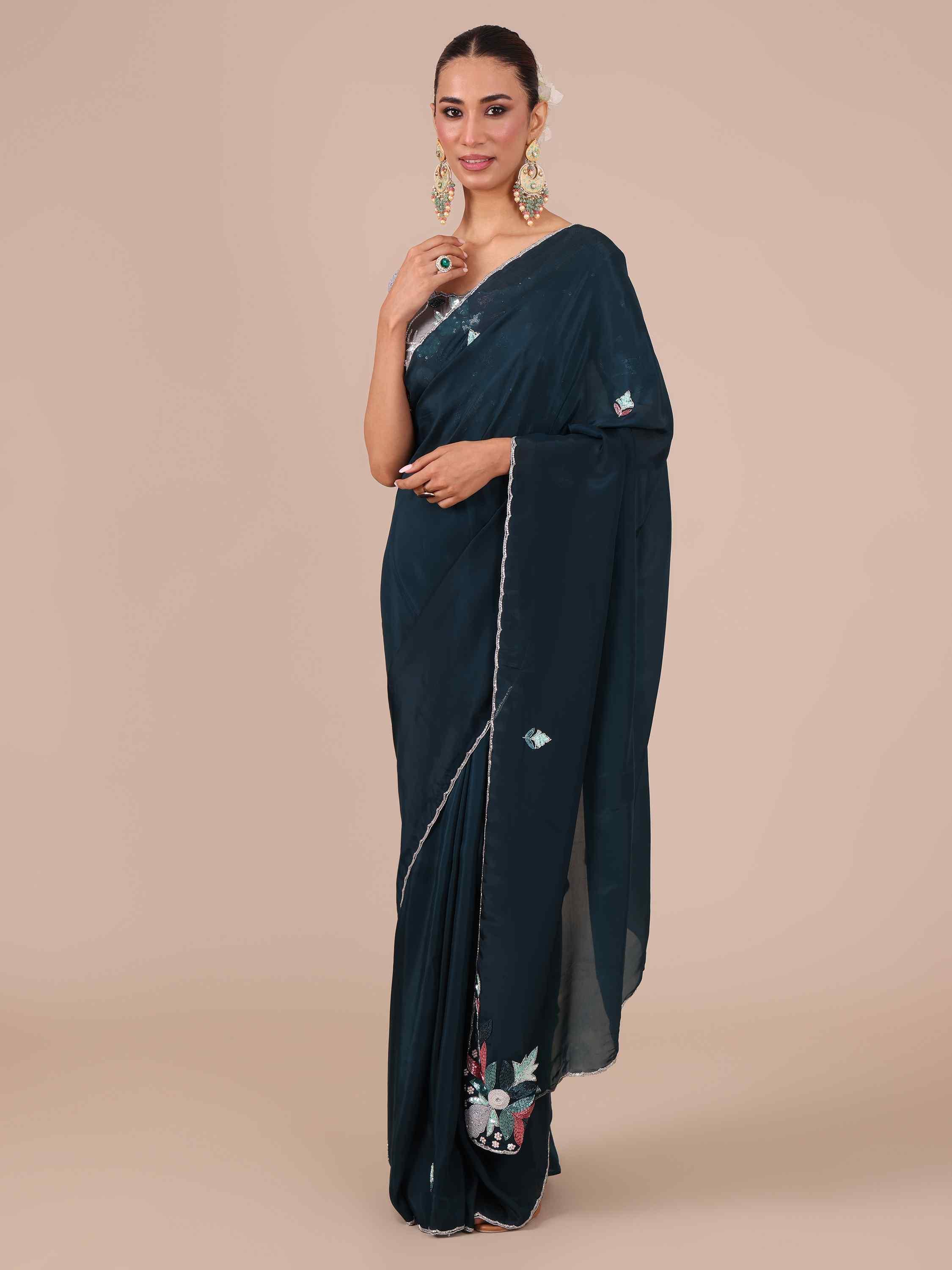 Peacock Blue Organza Silk Saree with Stitched Blouse - House of Surya