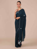 Peacock Blue Organza Silk Saree with Stitched Blouse - House of Surya