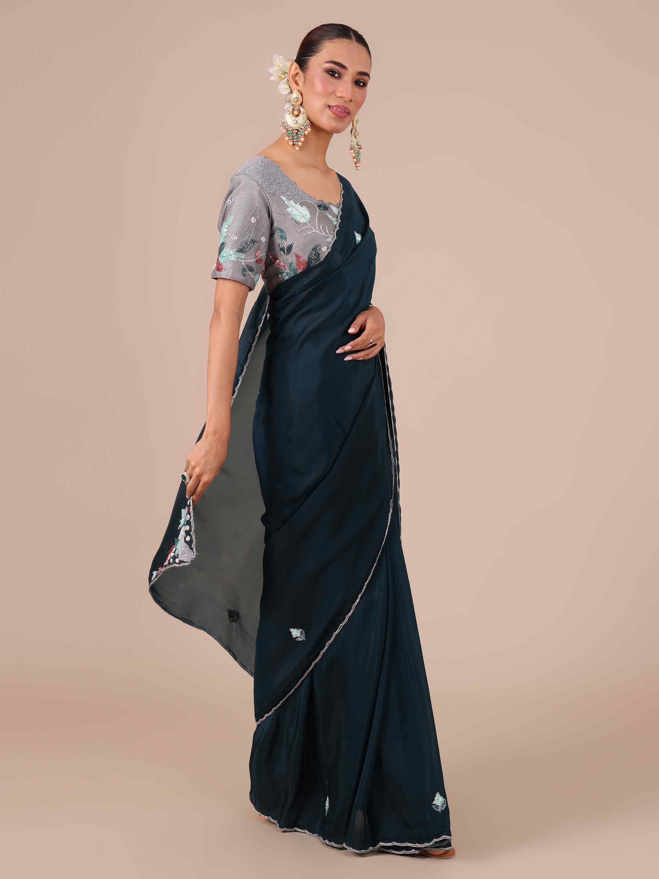 Peacock Blue Organza Silk Saree with Stitched Blouse - House of Surya